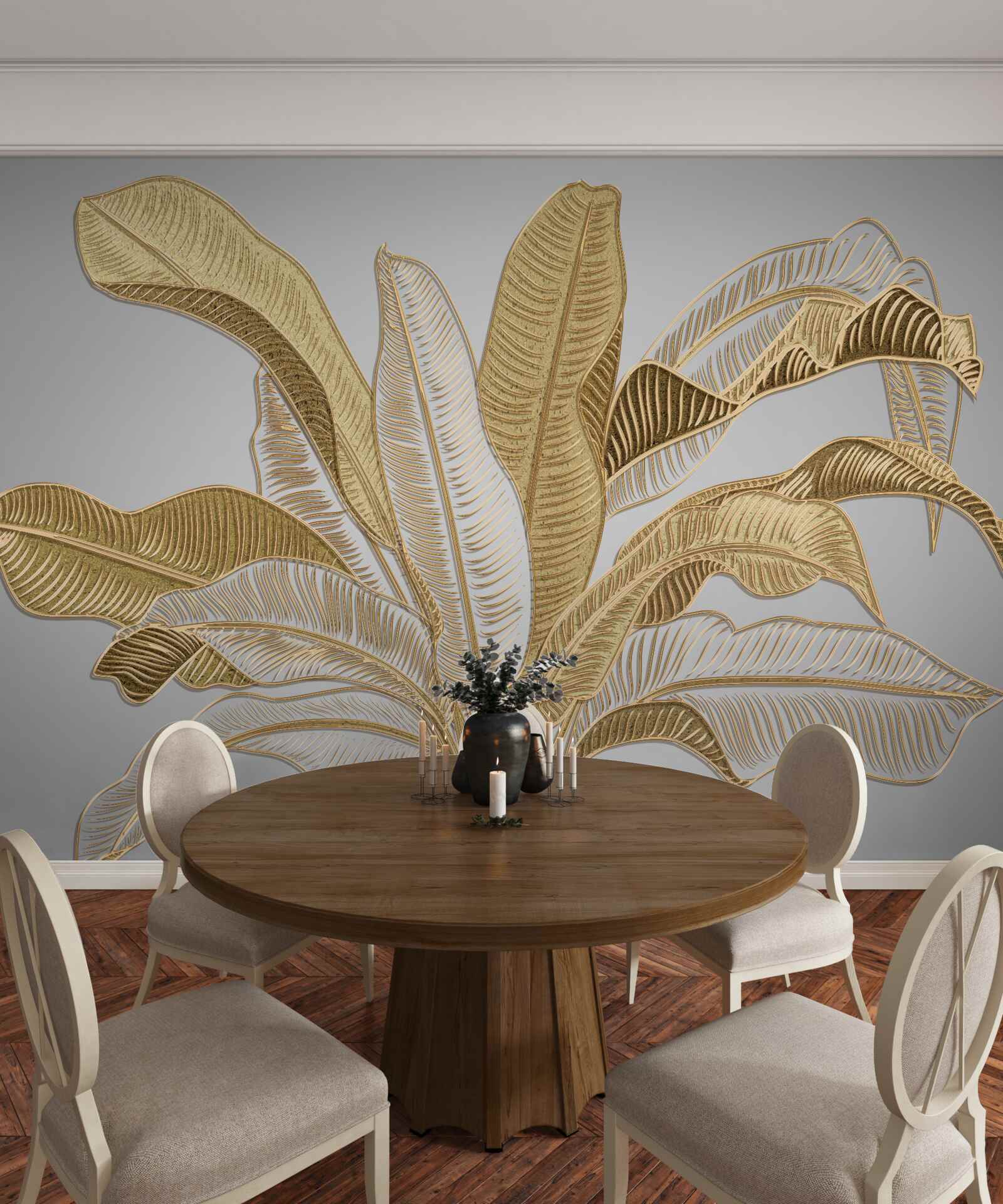 Fototapet frunze cu tonuri aurii și albe neobișnuite