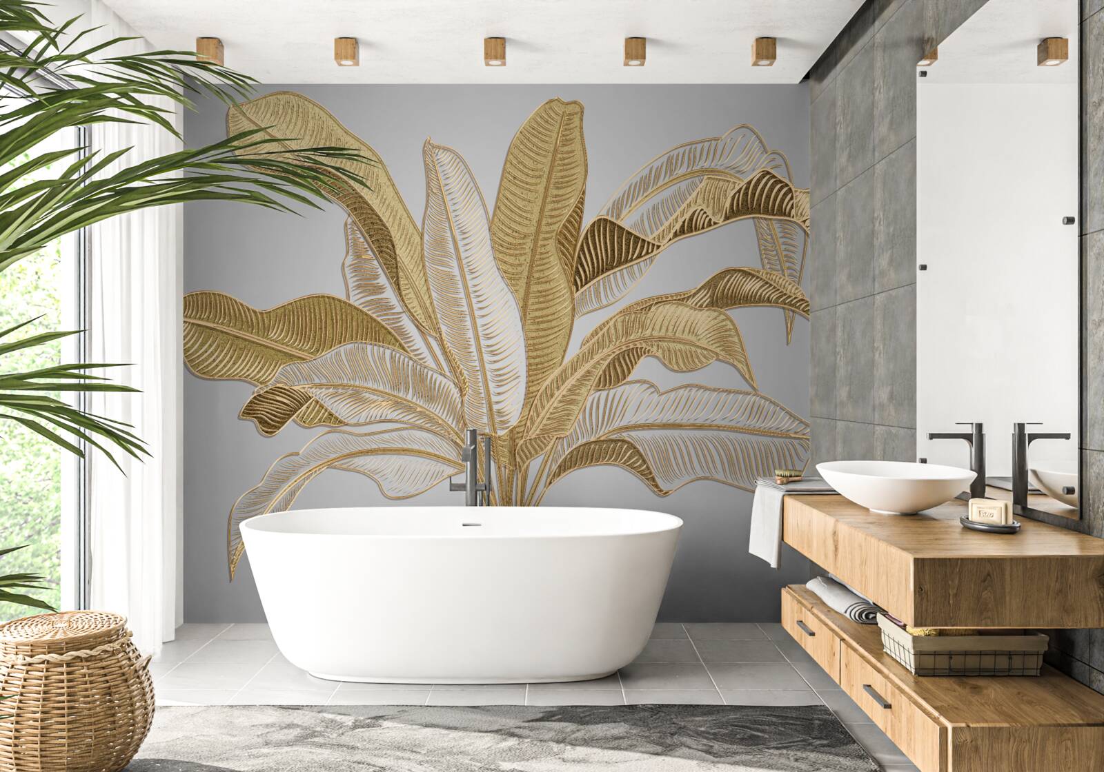 Fototapet frunze cu tonuri aurii și albe neobișnuite