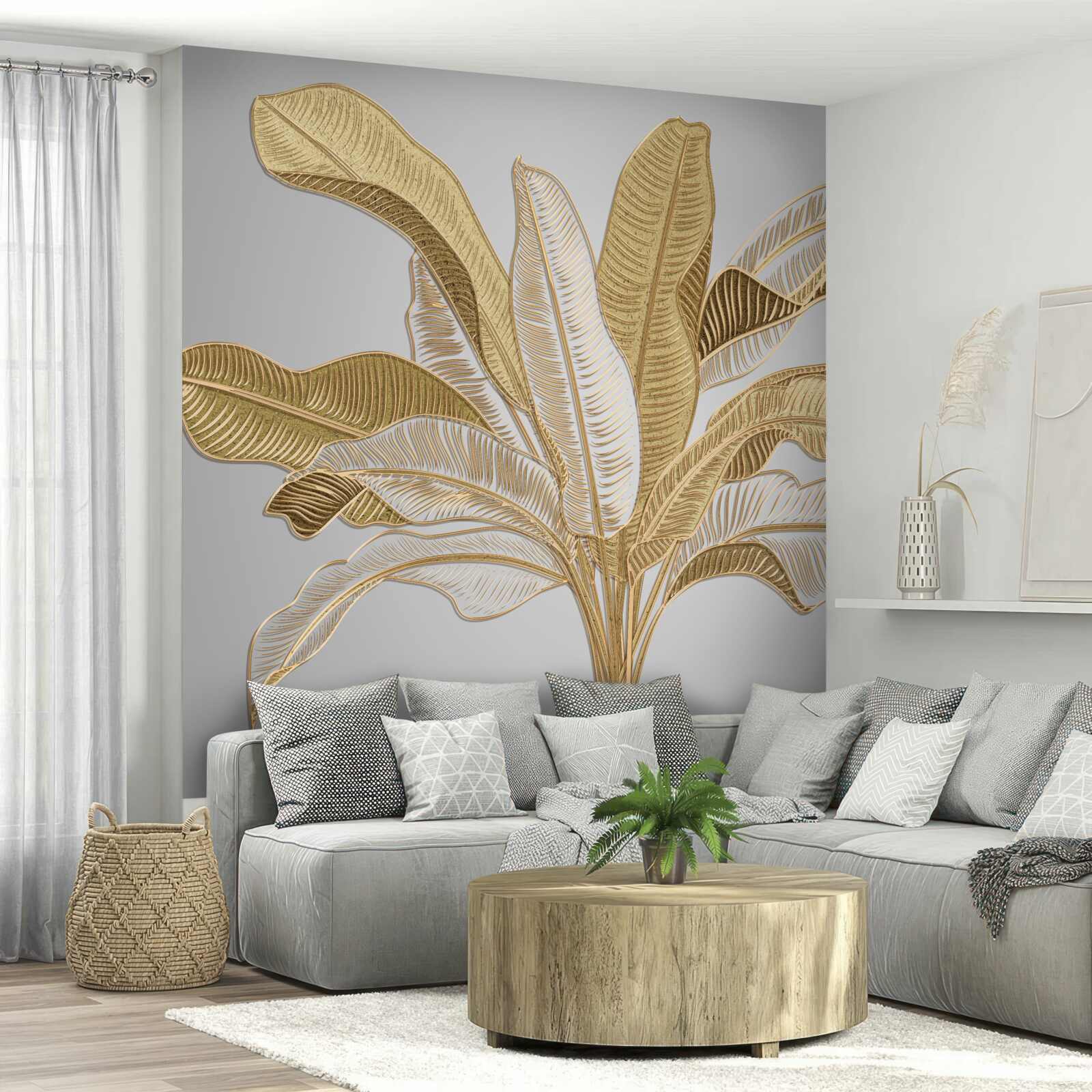 Fototapet frunze cu tonuri aurii și albe neobișnuite