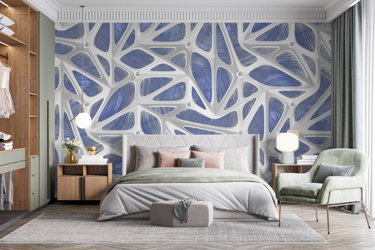 Fototapet bucle albe pe un fundal albastru