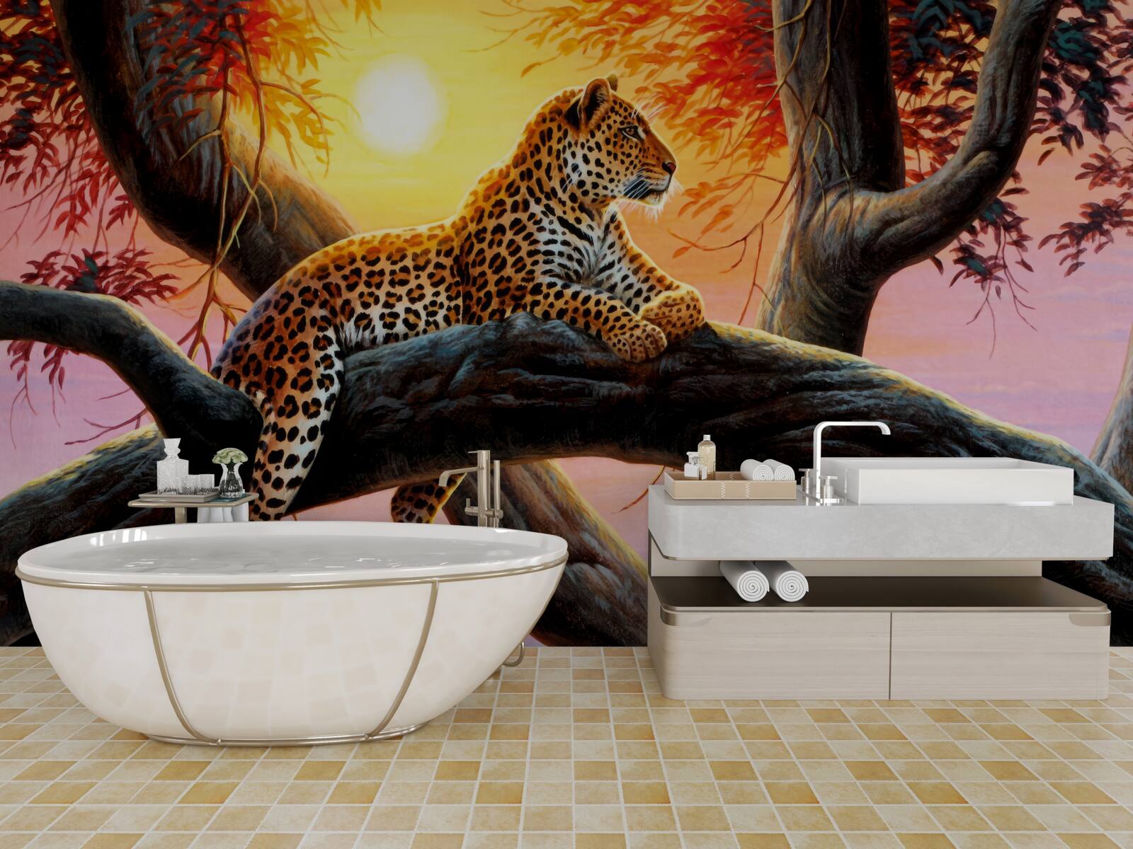 Fototapet ghepardul stă într-un copac