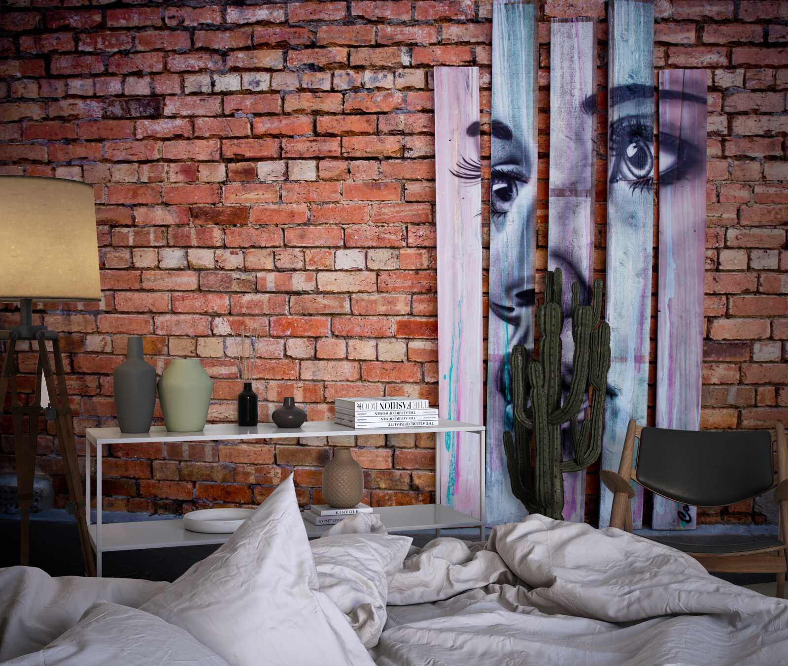 Fototapet imaginea unei femei pe un zid de cărămidă stacojiu