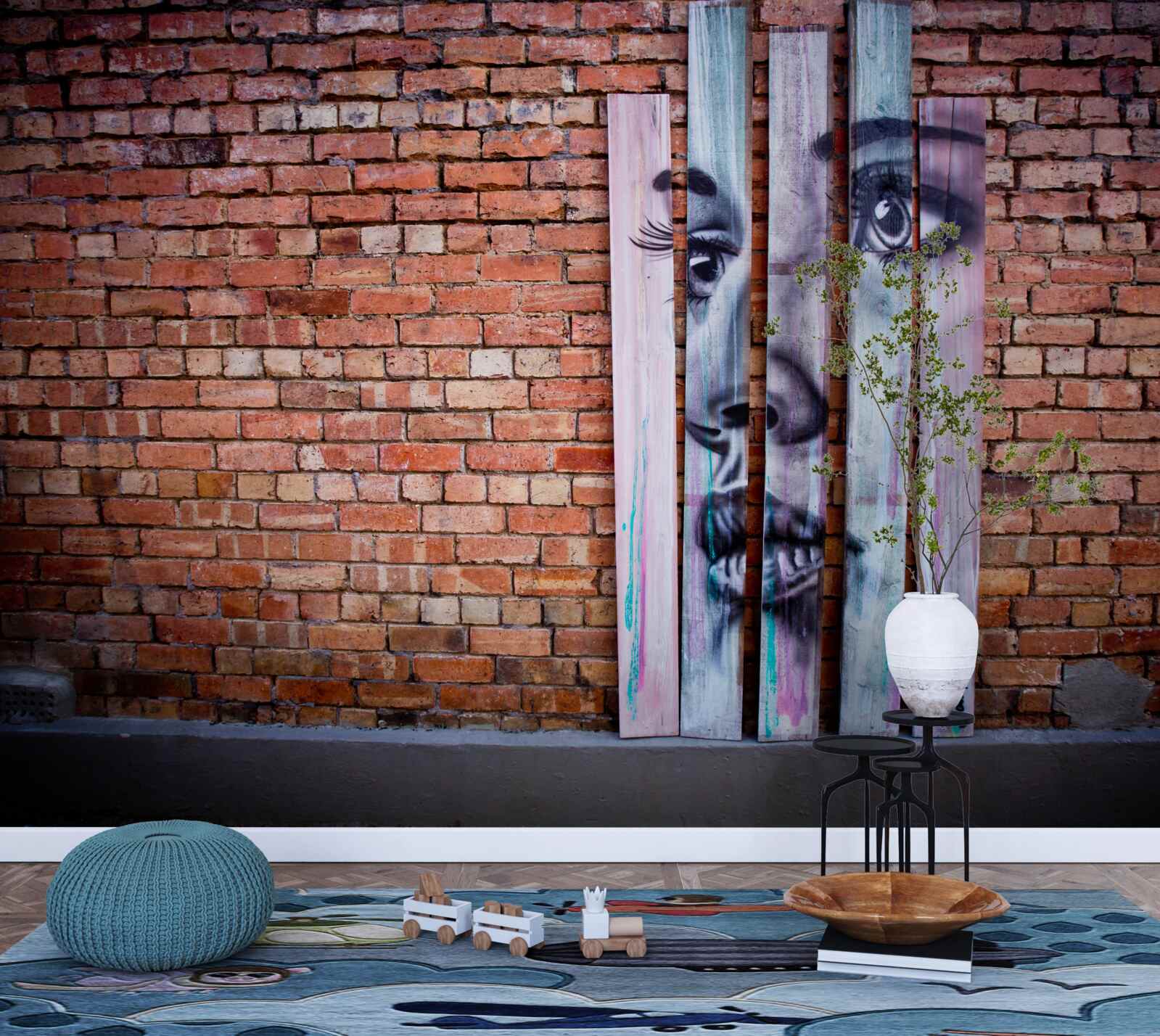 Fototapet imaginea unei femei pe un zid de cărămidă stacojiu