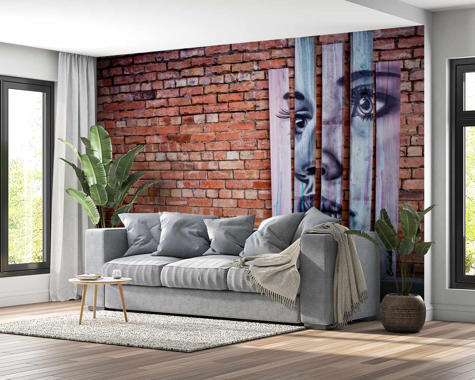 Fototapet imaginea unei femei pe un zid de cărămidă stacojiu