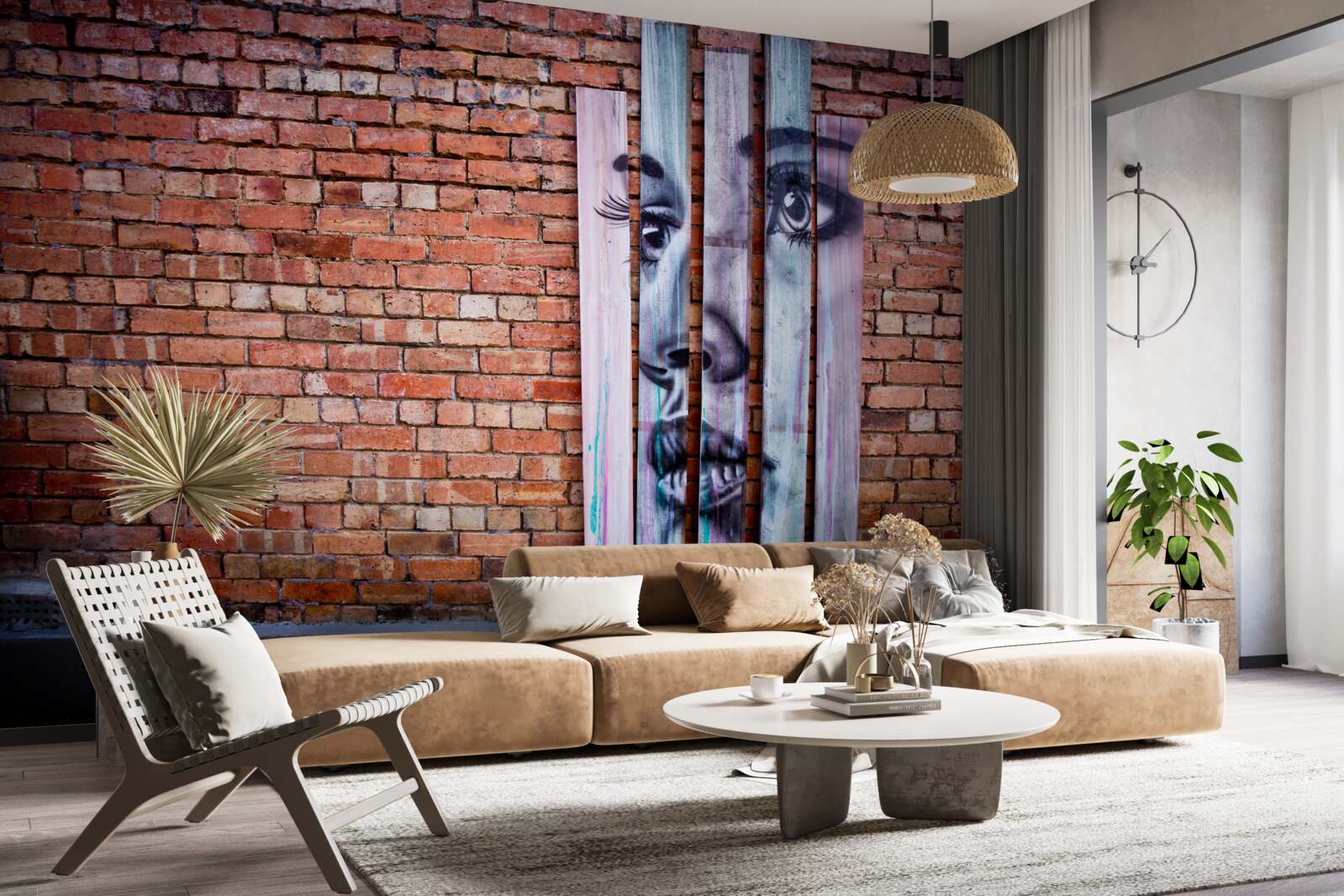 Fototapet imaginea unei femei pe un zid de cărămidă stacojiu