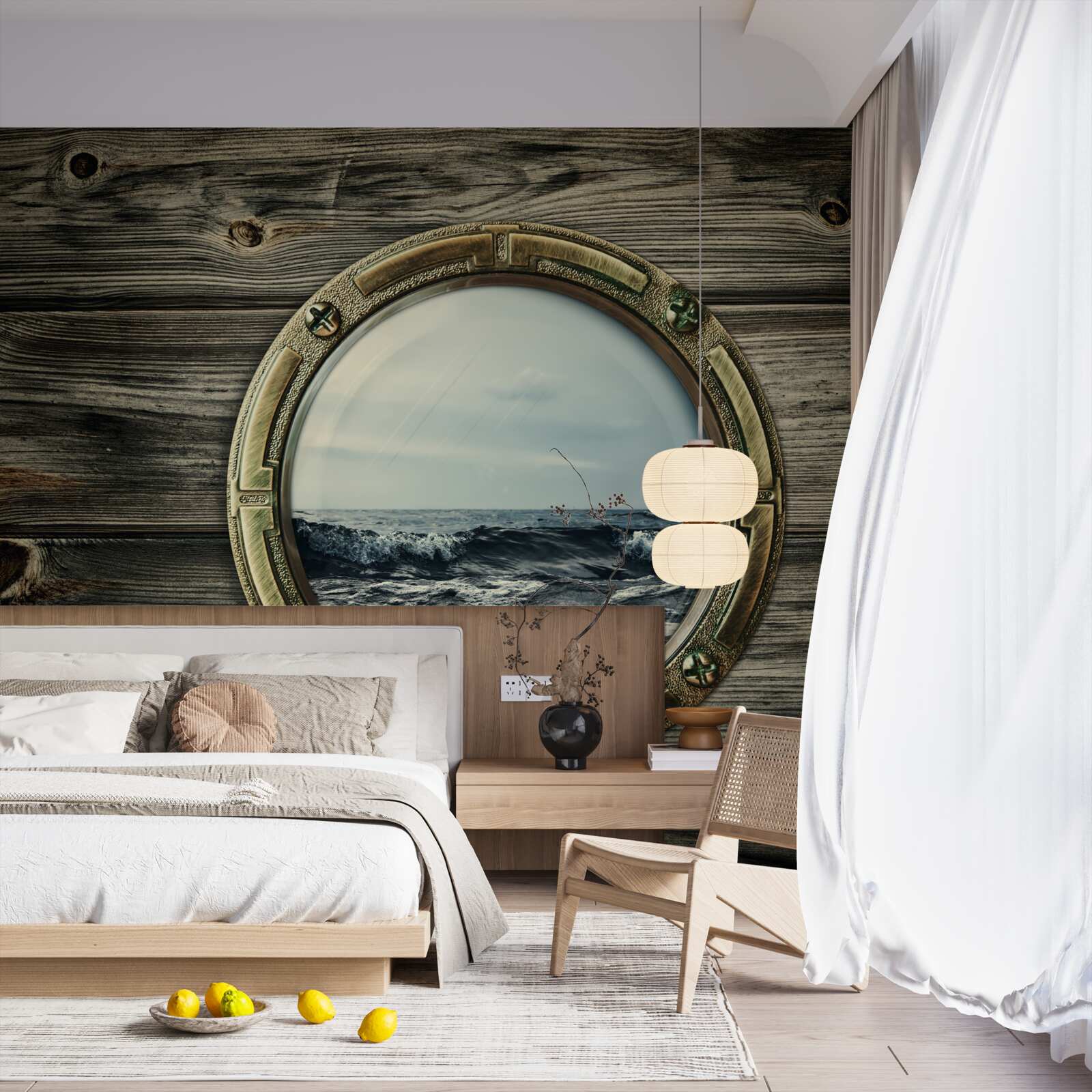 Fototapet fereastra cabinei cu vedere la ocean