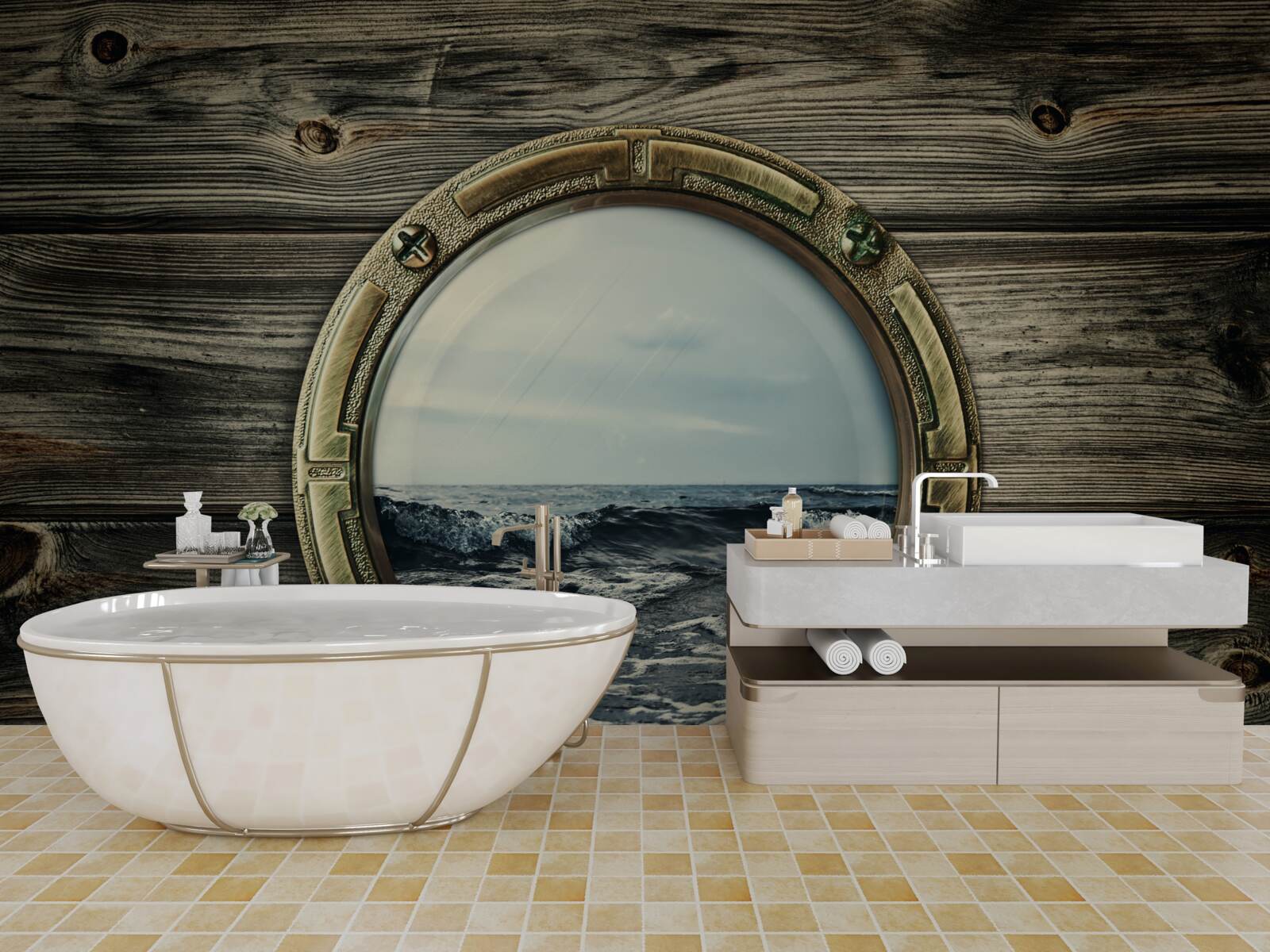 Fototapet fereastra cabinei cu vedere la ocean