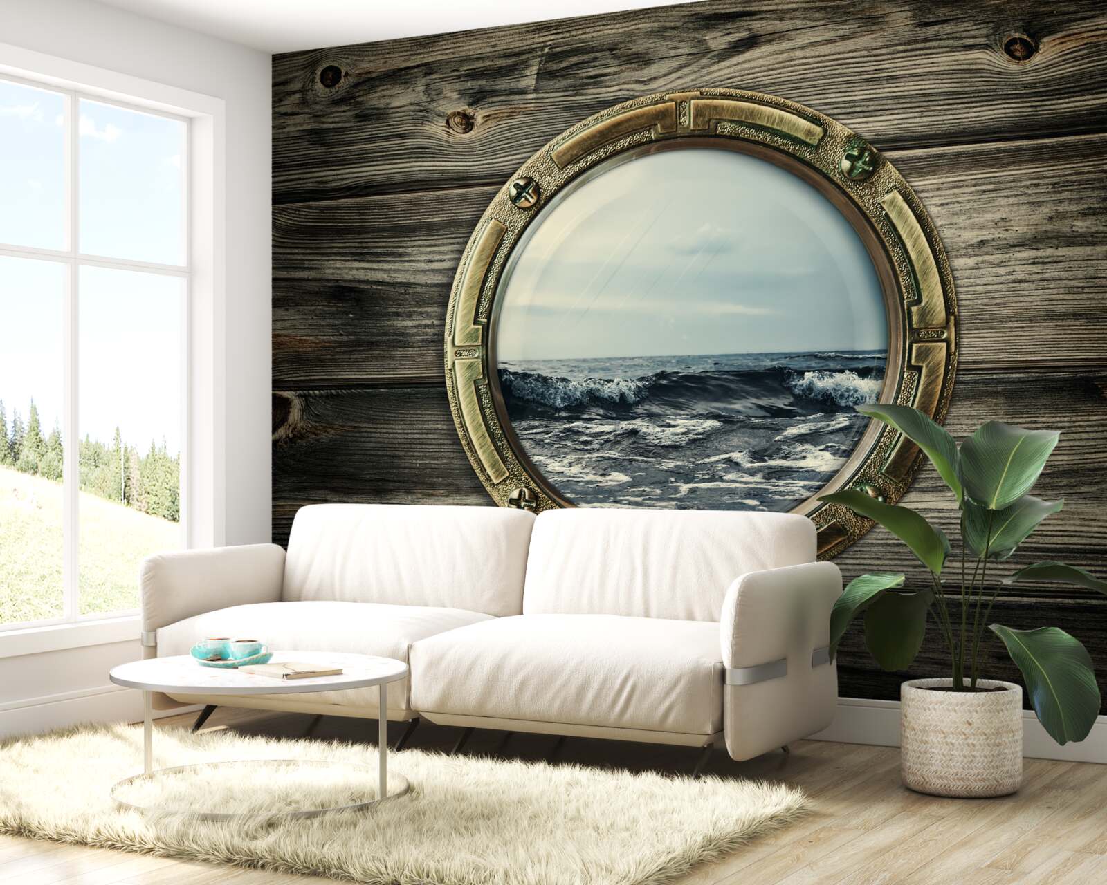 Fototapet fereastra cabinei cu vedere la ocean