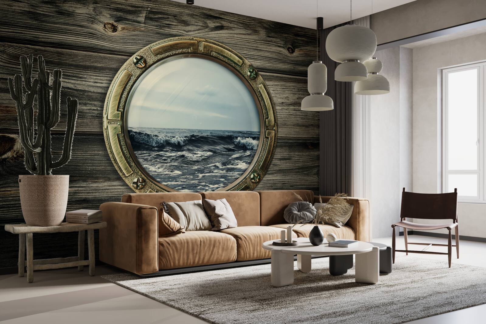 Fototapet fereastra cabinei cu vedere la ocean