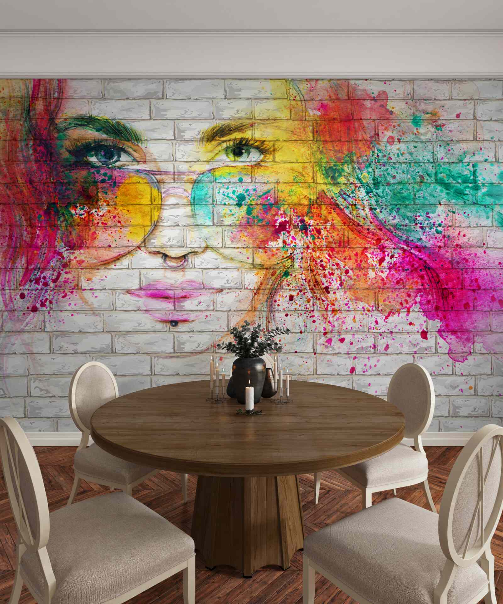 Fototapet imaginea unei fete care poartă ochelari pe un zid de cărămidă alb ca zăpada