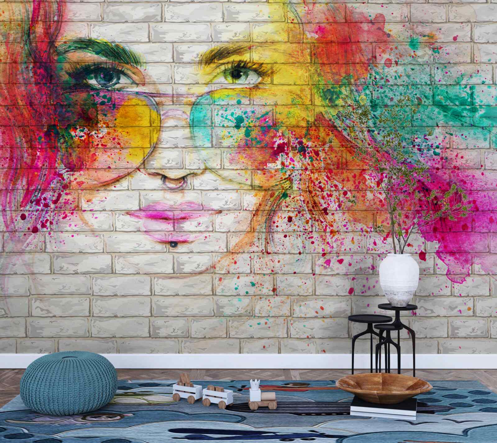 Fototapet imaginea unei fete care poartă ochelari pe un zid de cărămidă alb ca zăpada