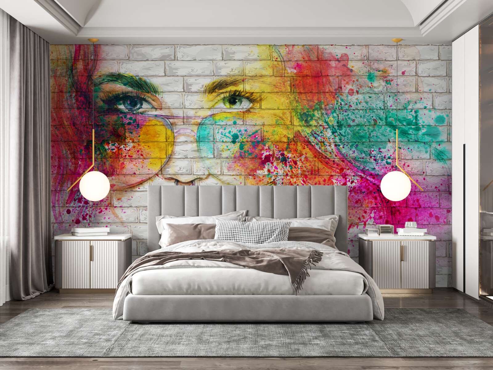 Fototapet imaginea unei fete care poartă ochelari pe un zid de cărămidă alb ca zăpada