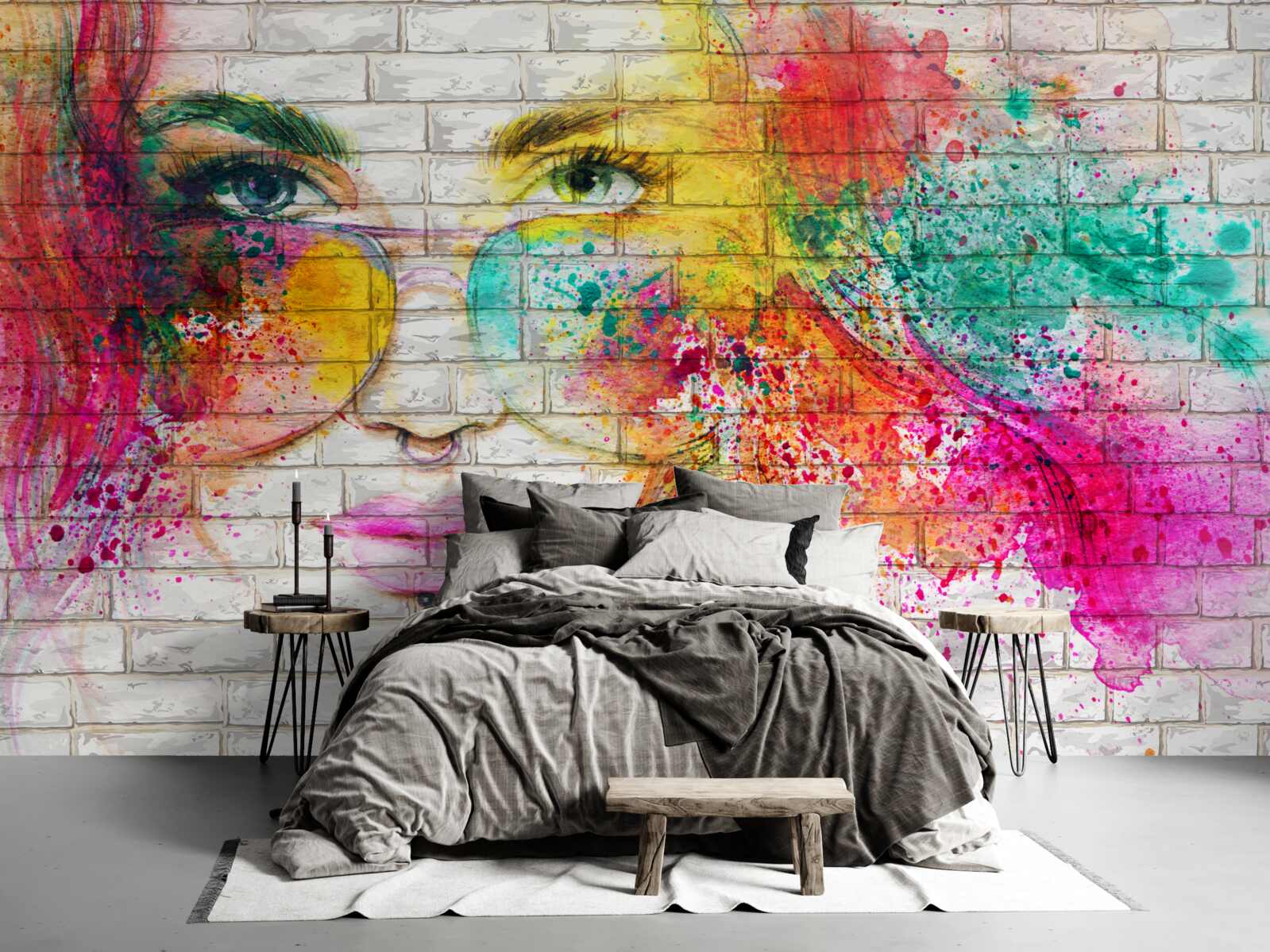 Fototapet imaginea unei fete care poartă ochelari pe un zid de cărămidă alb ca zăpada