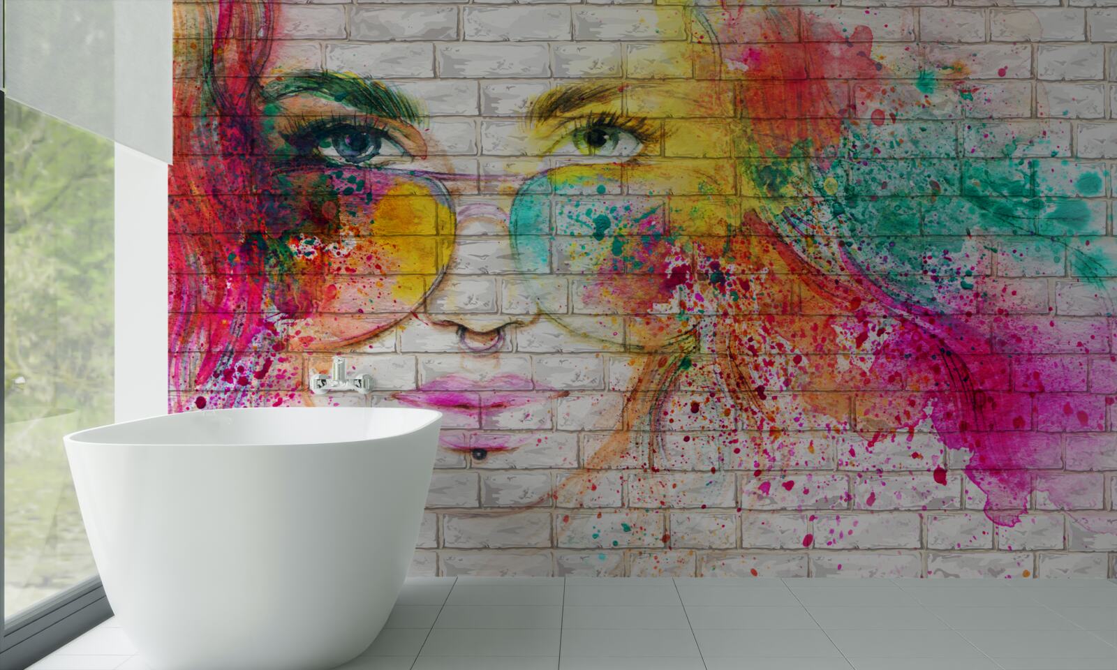 Fototapet imaginea unei fete care poartă ochelari pe un zid de cărămidă alb ca zăpada