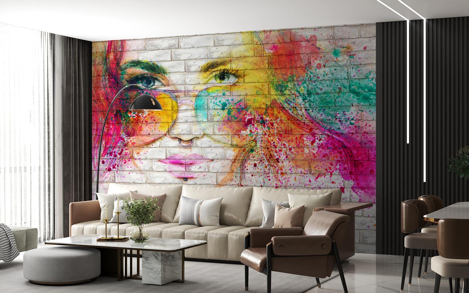 Fototapet imaginea unei fete care poartă ochelari pe un zid de cărămidă alb ca zăpada