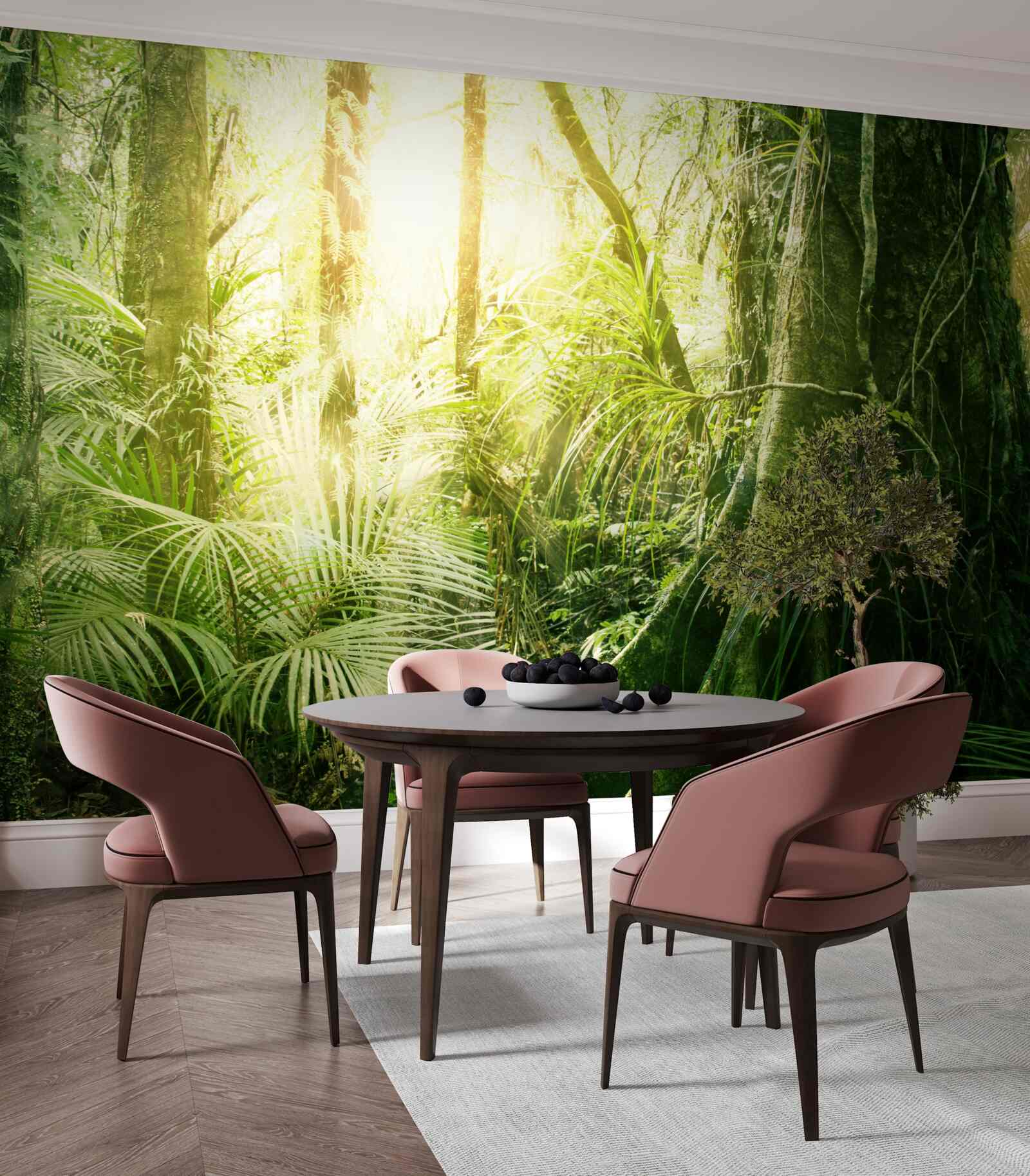 Fototapet raze de lumină pătrunzând într-o pădure de basm