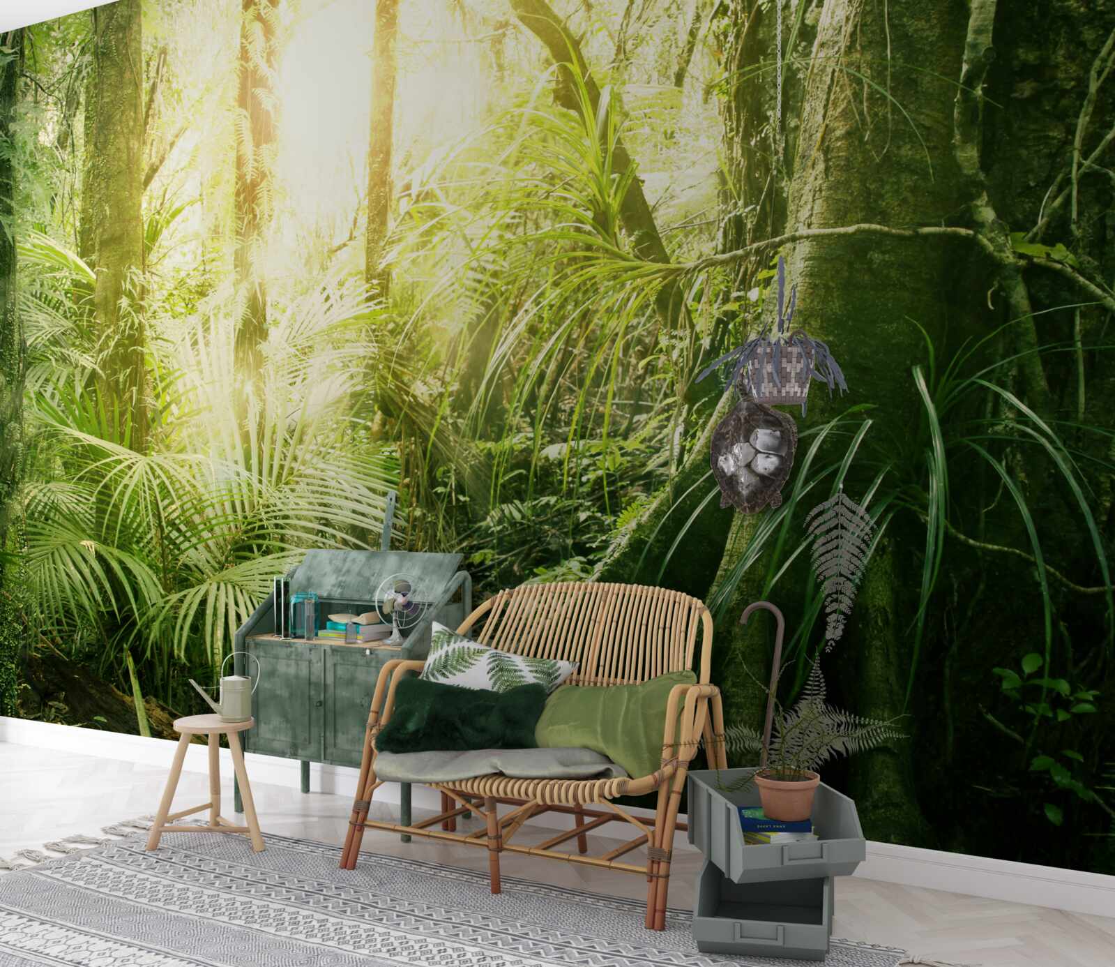 Fototapet raze de lumină pătrunzând într-o pădure de basm