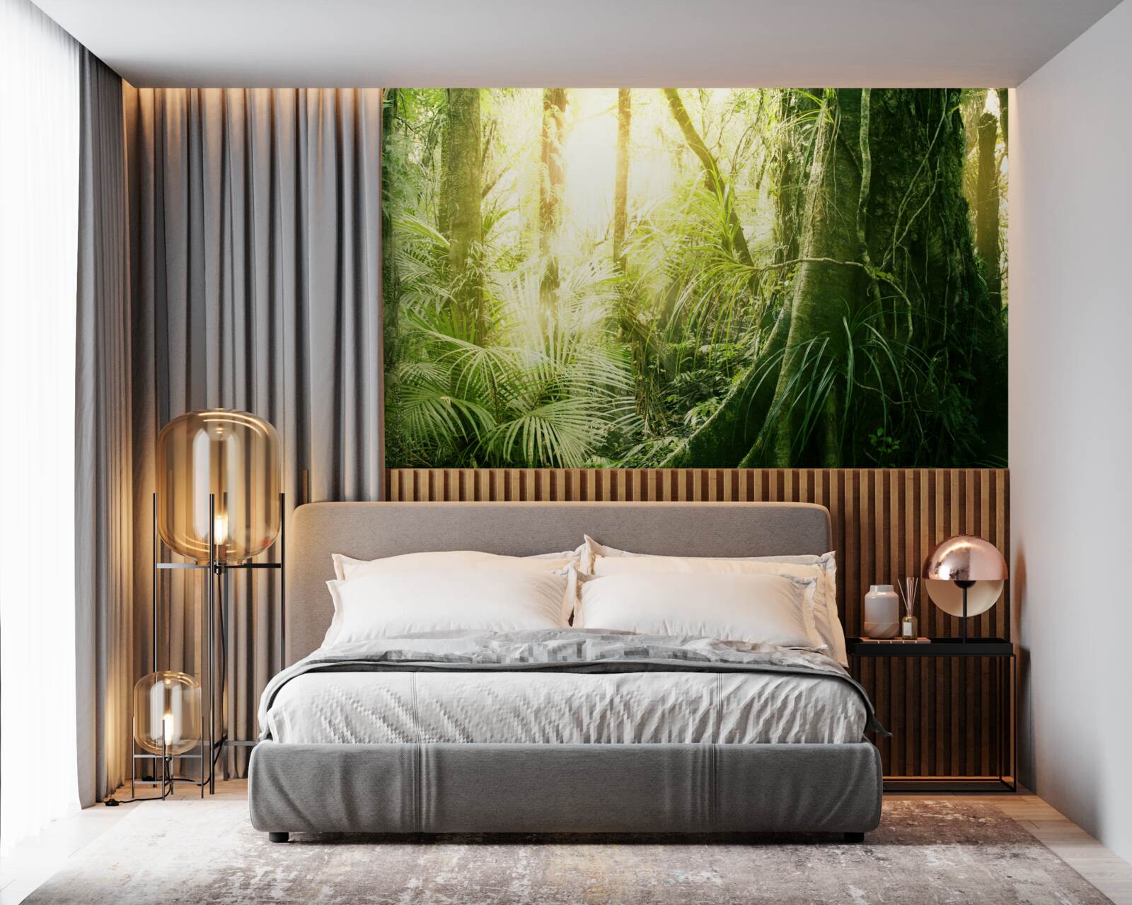 Fototapet raze de lumină pătrunzând într-o pădure de basm