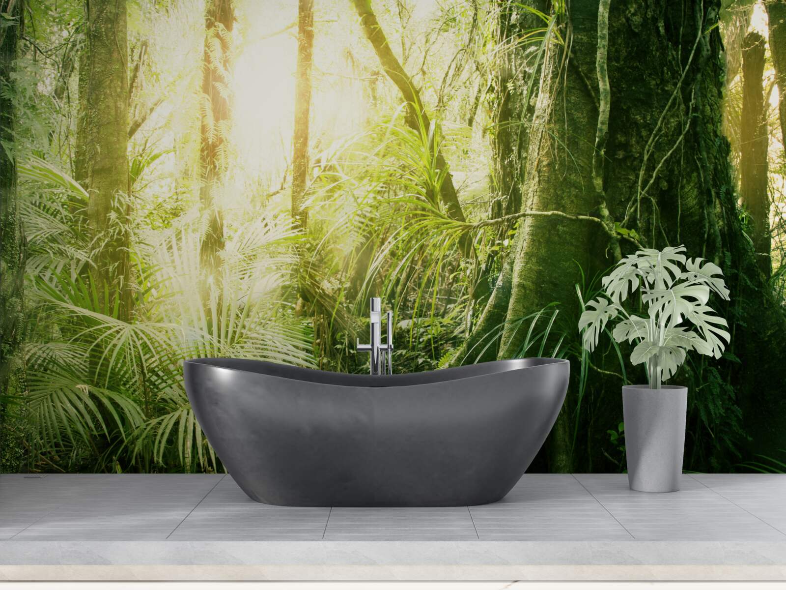 Fototapet raze de lumină pătrunzând într-o pădure de basm