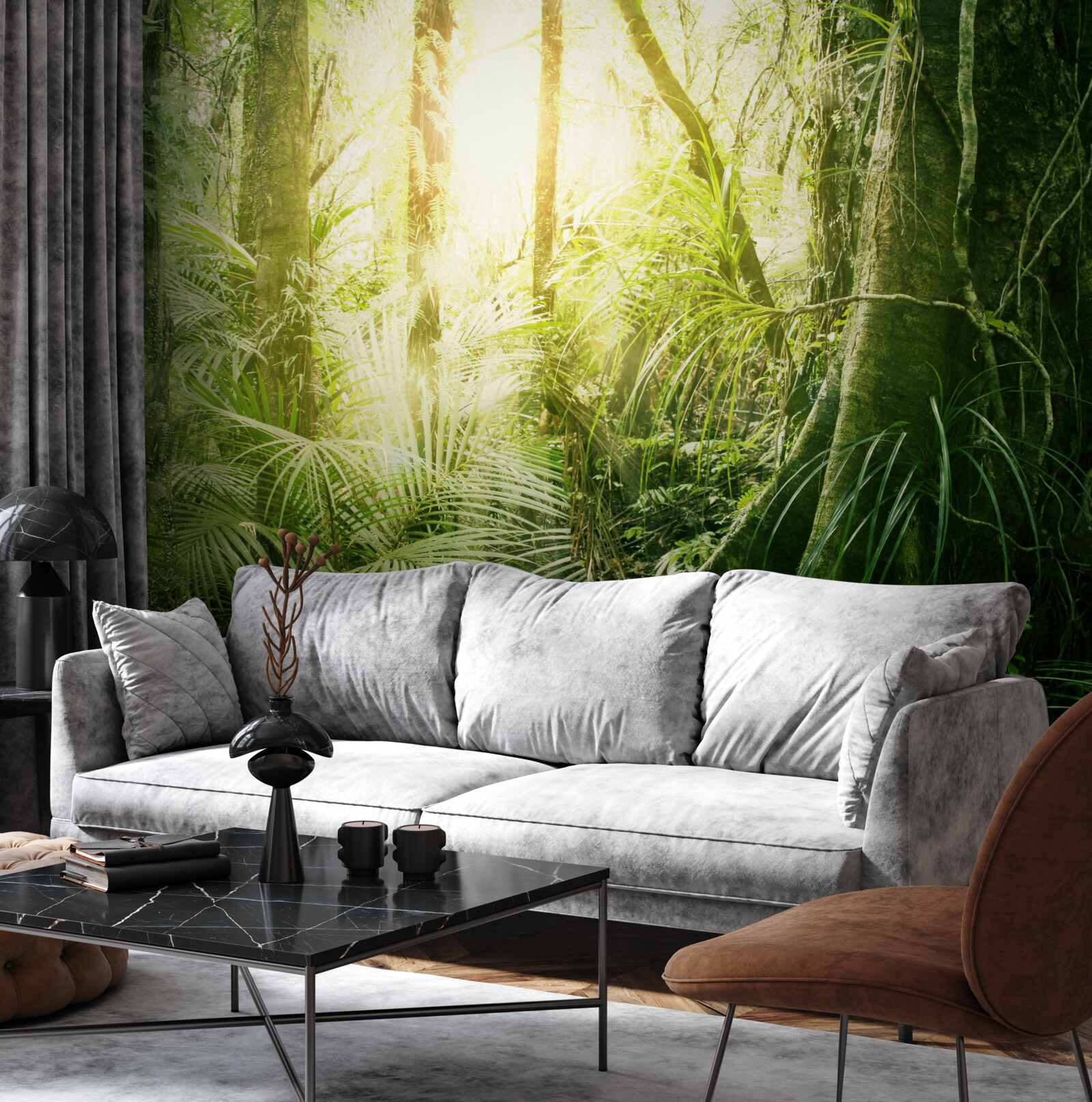 Fototapet raze de lumină pătrunzând într-o pădure de basm