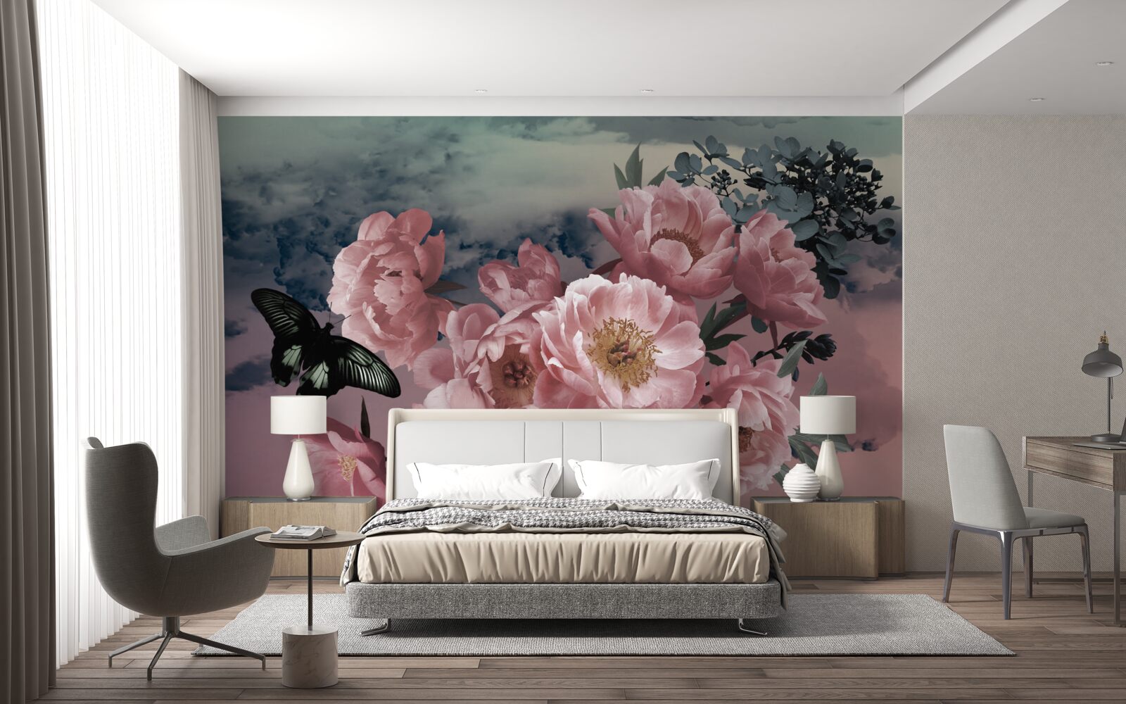 Fototapet fluture întunecat și flori roz