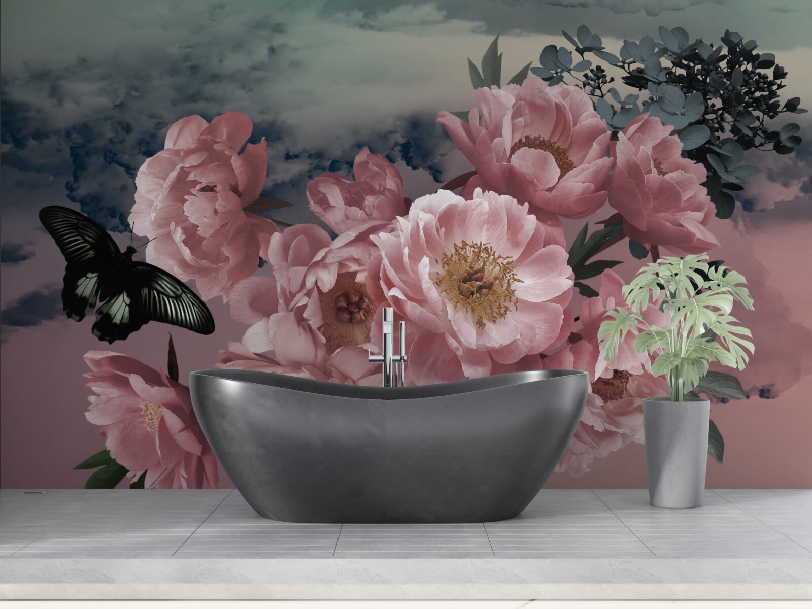 Fototapet fluture întunecat și flori roz