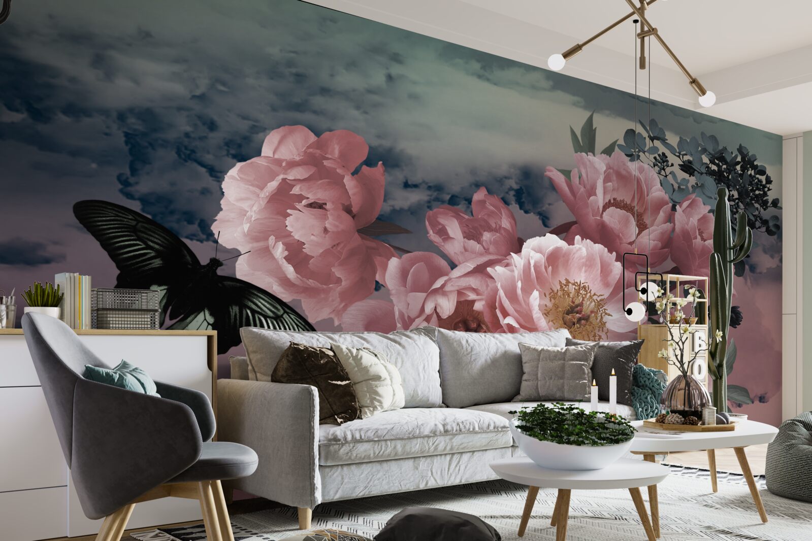 Fototapet fluture întunecat și flori roz