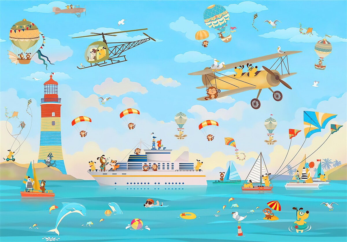 Fototapet diverse moduri de transport aerian și pe apă