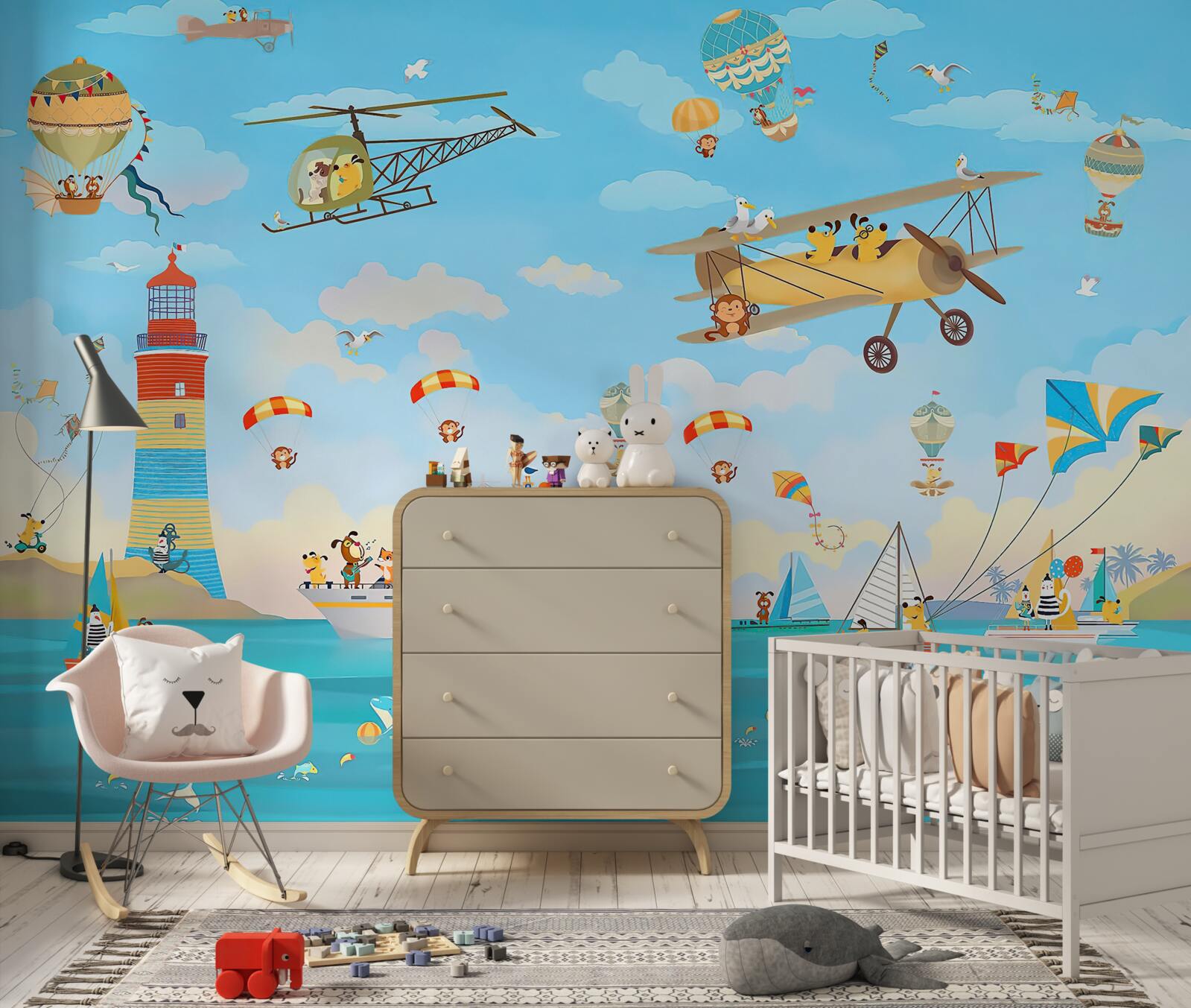 Fototapet diverse moduri de transport aerian și pe apă