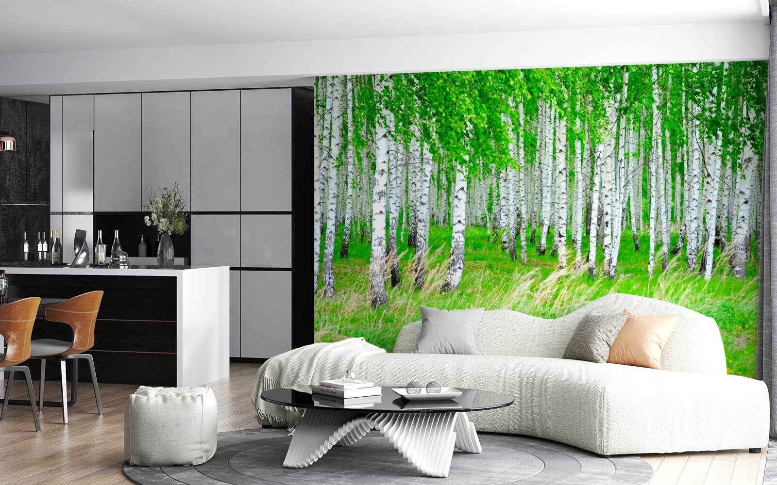 Fototapet câmp cu mesteceni în fundal