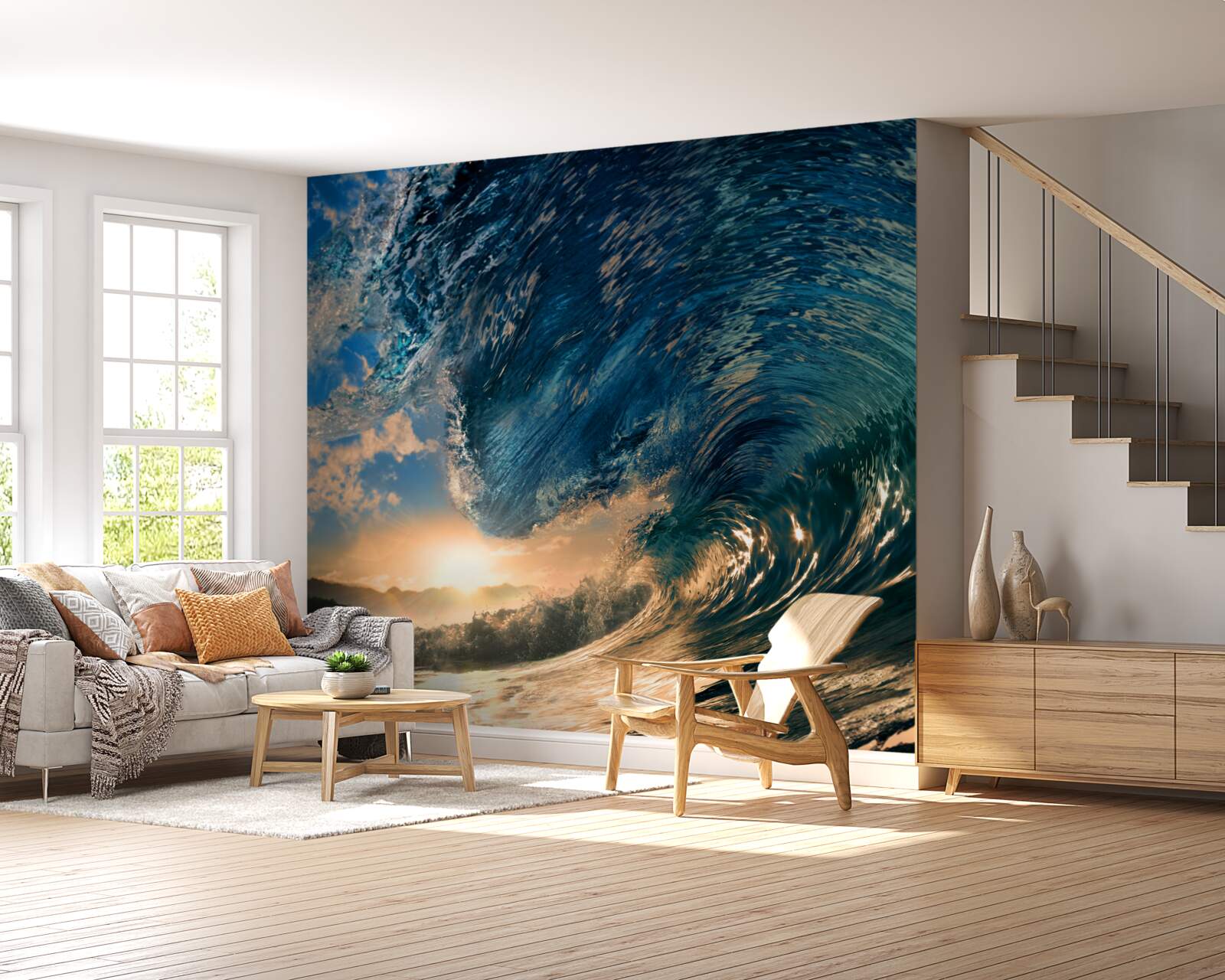 Fototapet val uriaș pe fundalul soarelui care apune