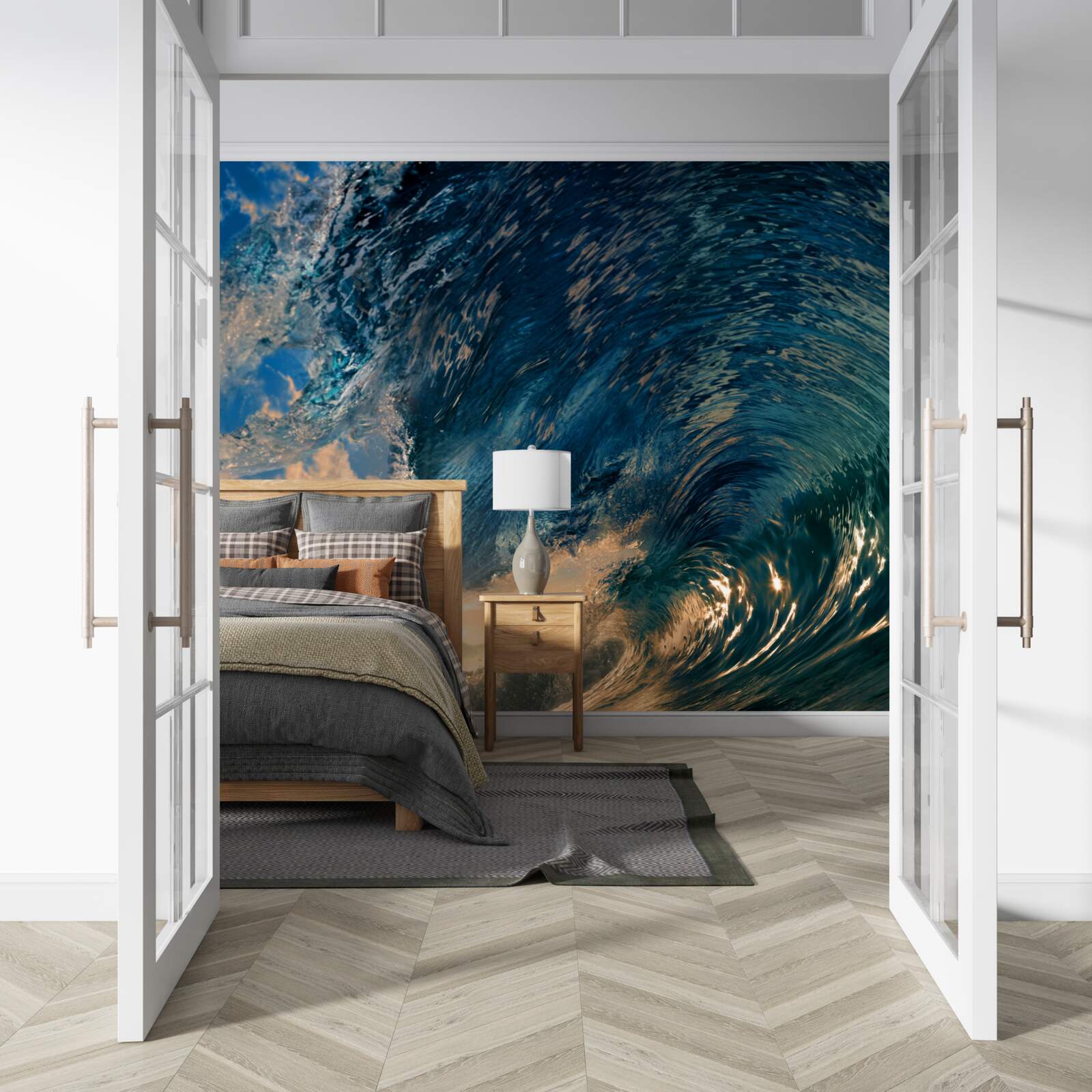 Fototapet val uriaș pe fundalul soarelui care apune