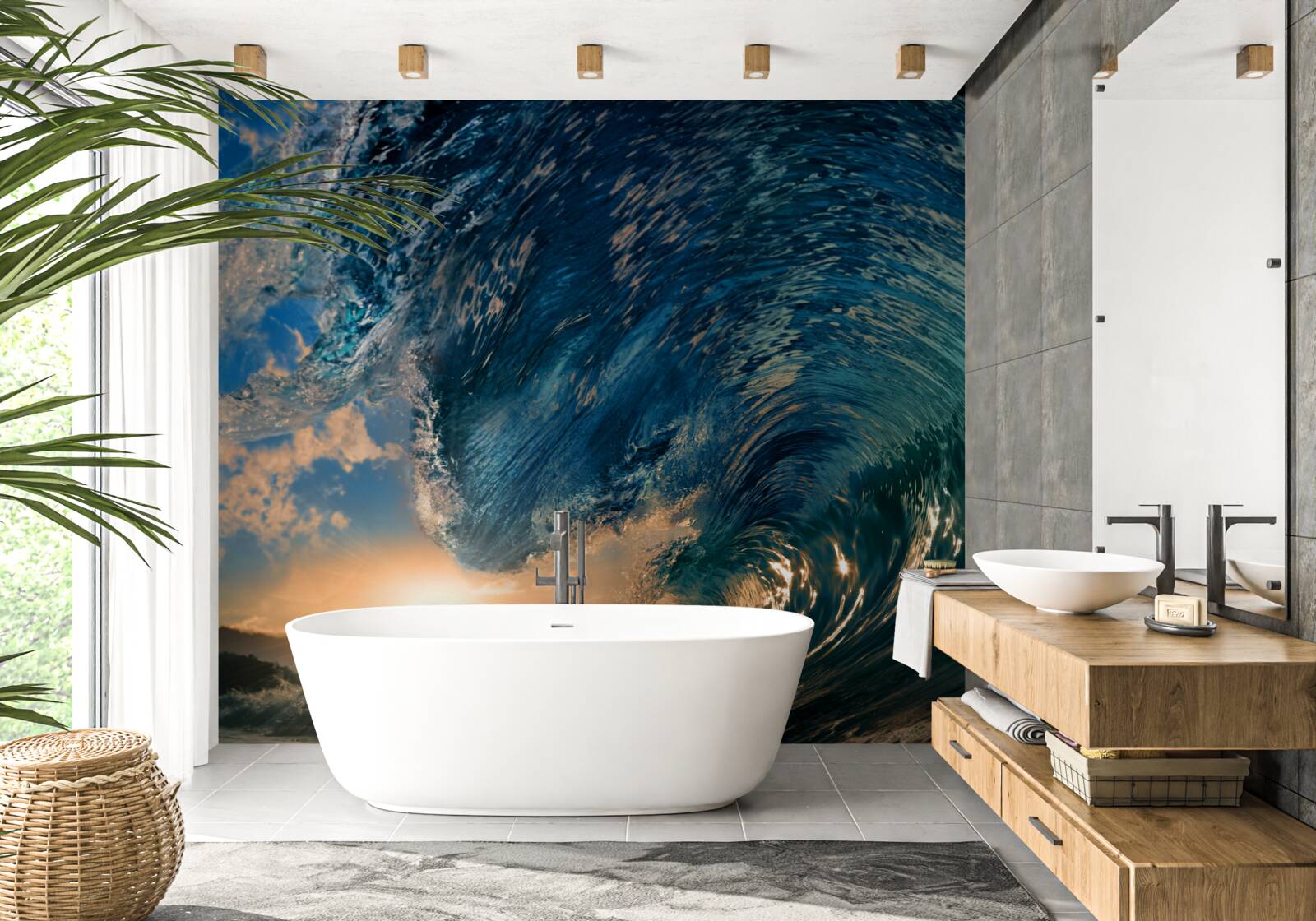 Fototapet val uriaș pe fundalul soarelui care apune