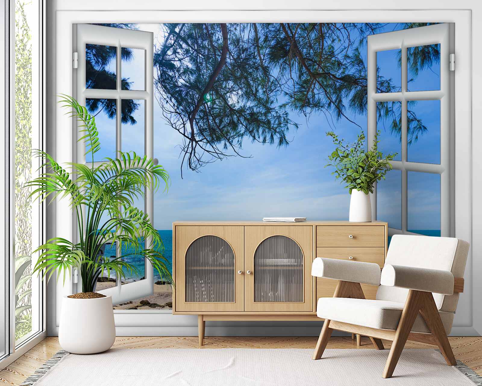 Fototapet o fereastră cu vedere la marea albastră