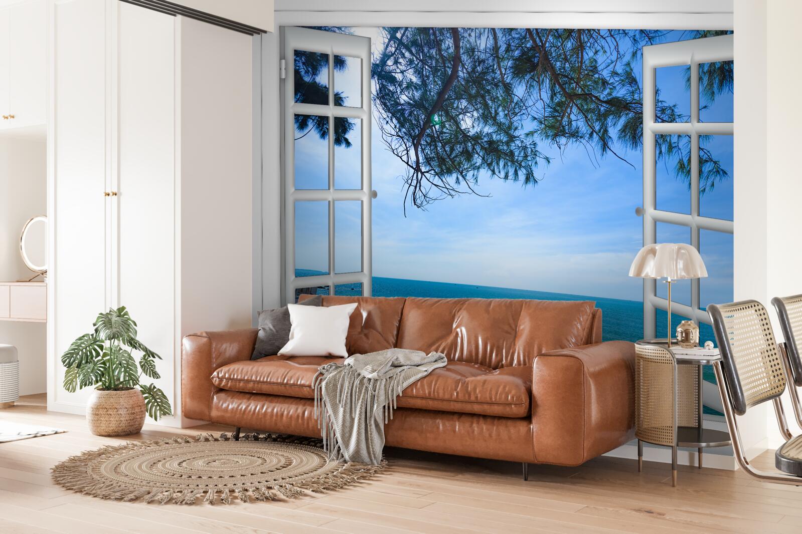 Fototapet o fereastră cu vedere la marea albastră