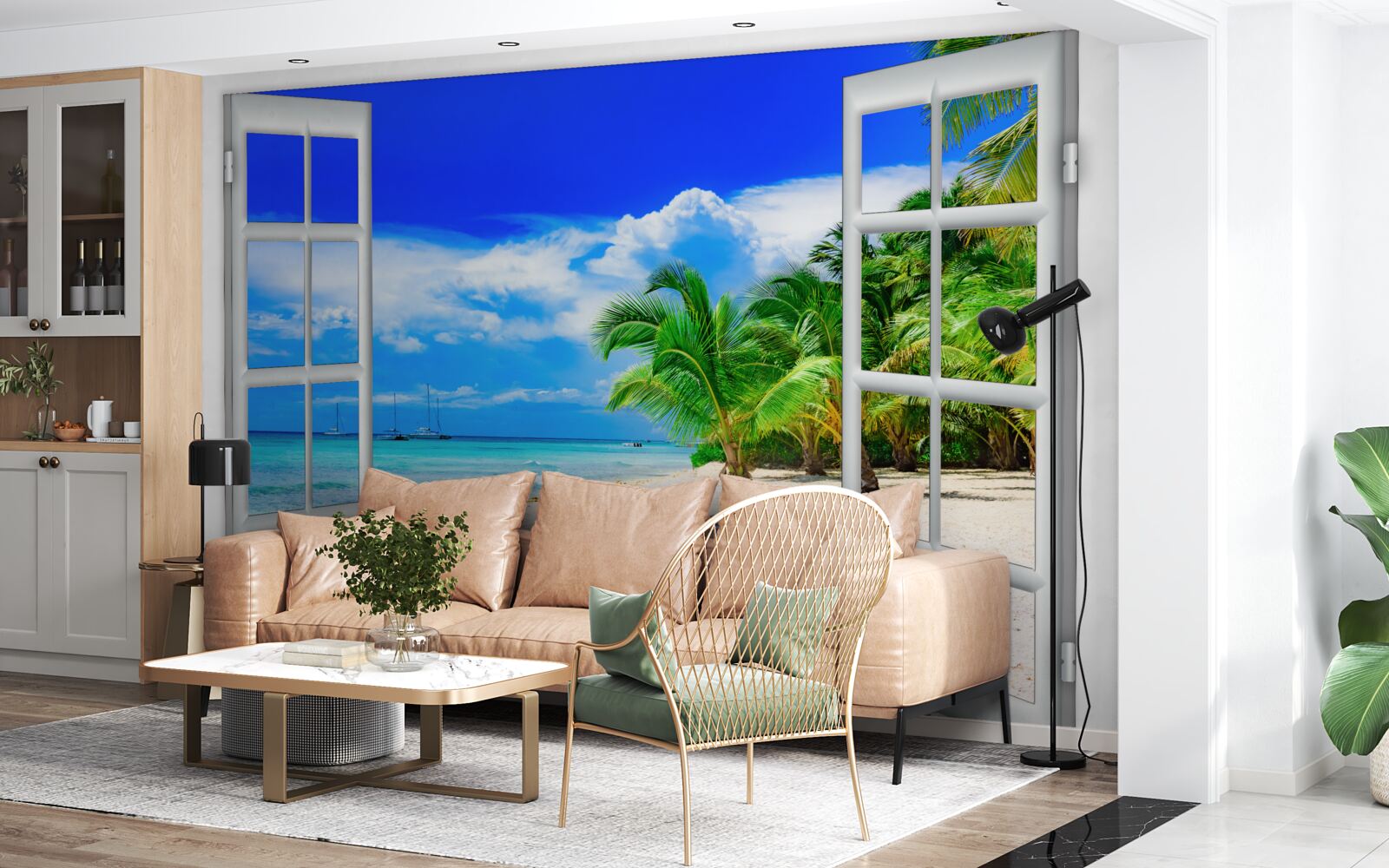 Fototapet fereastră cu vedere la țărmul nisipos