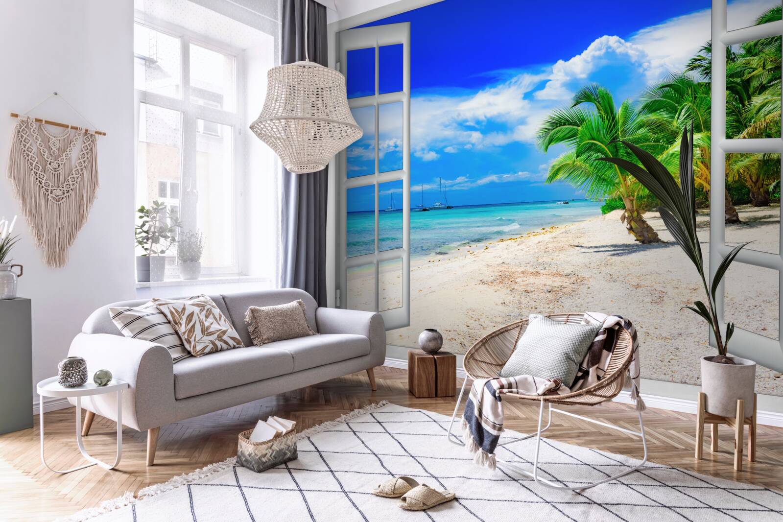 Fototapet fereastră cu vedere la țărmul nisipos