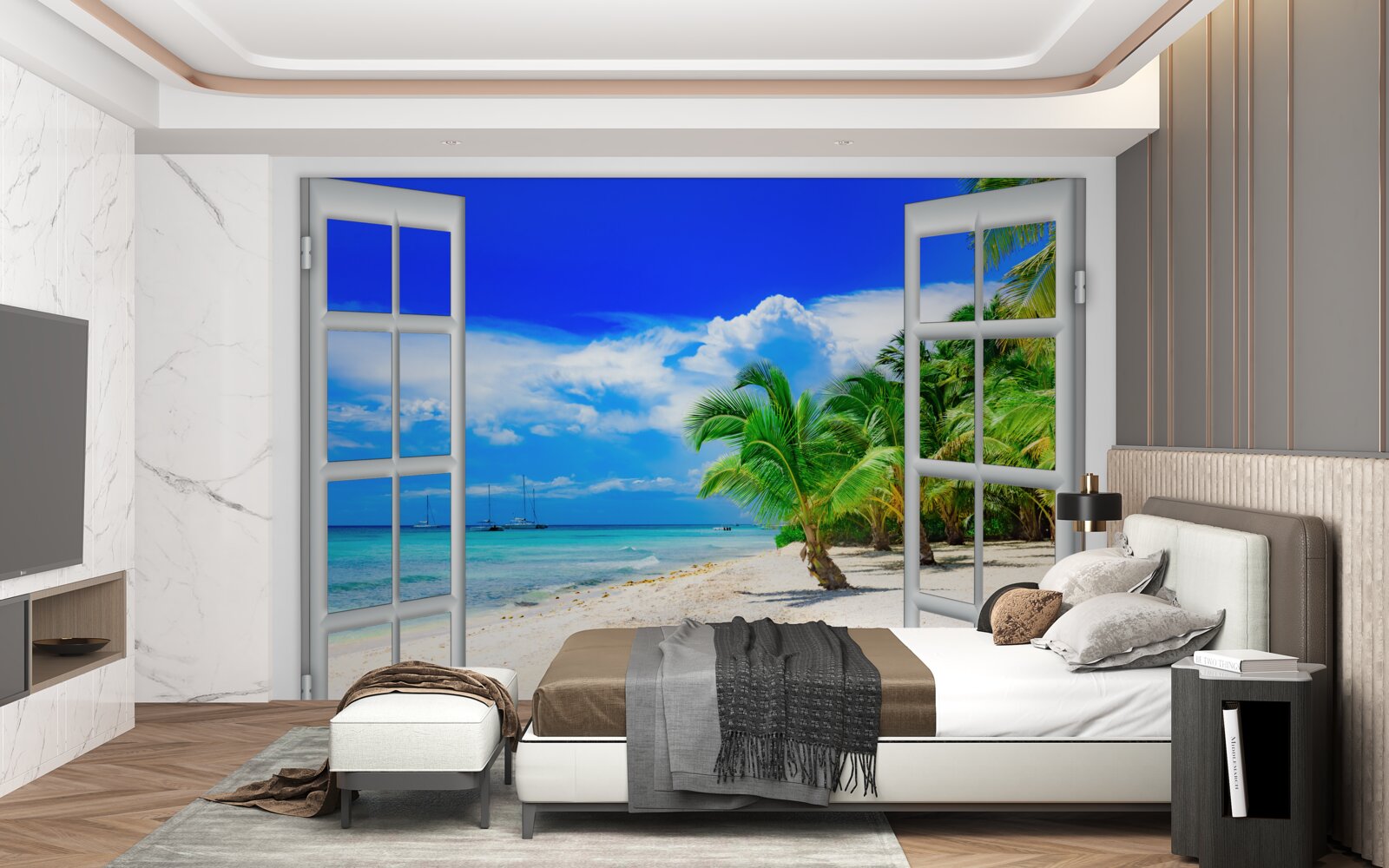 Fototapet fereastră cu vedere la țărmul nisipos