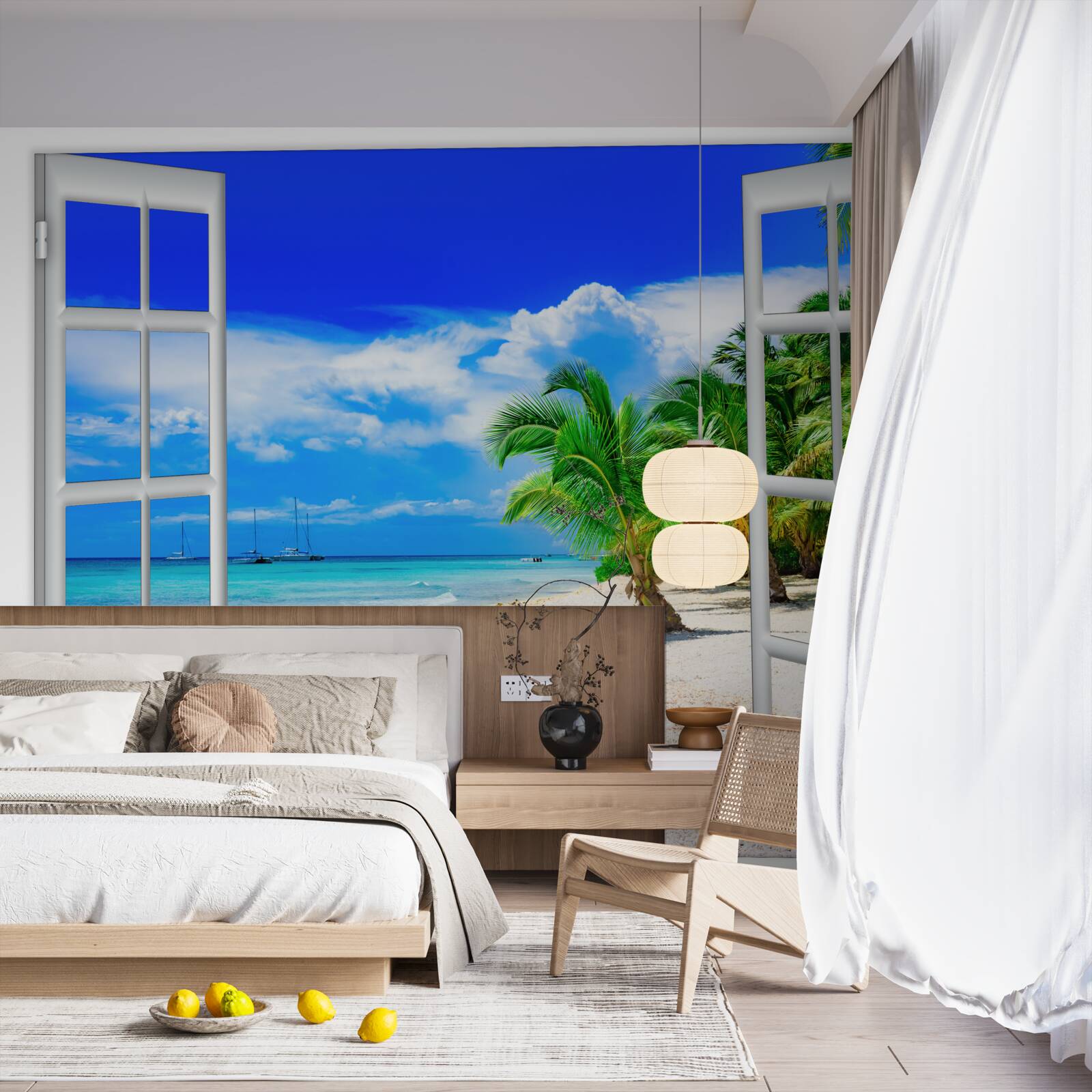 Fototapet fereastră cu vedere la țărmul nisipos