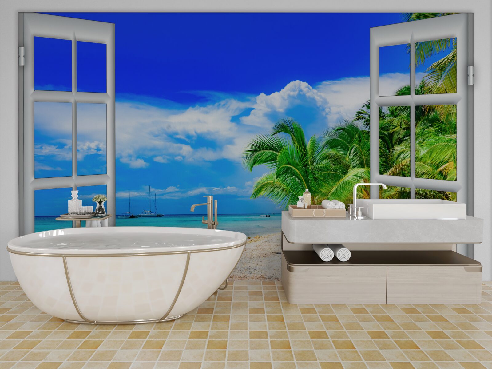 Fototapet fereastră cu vedere la țărmul nisipos