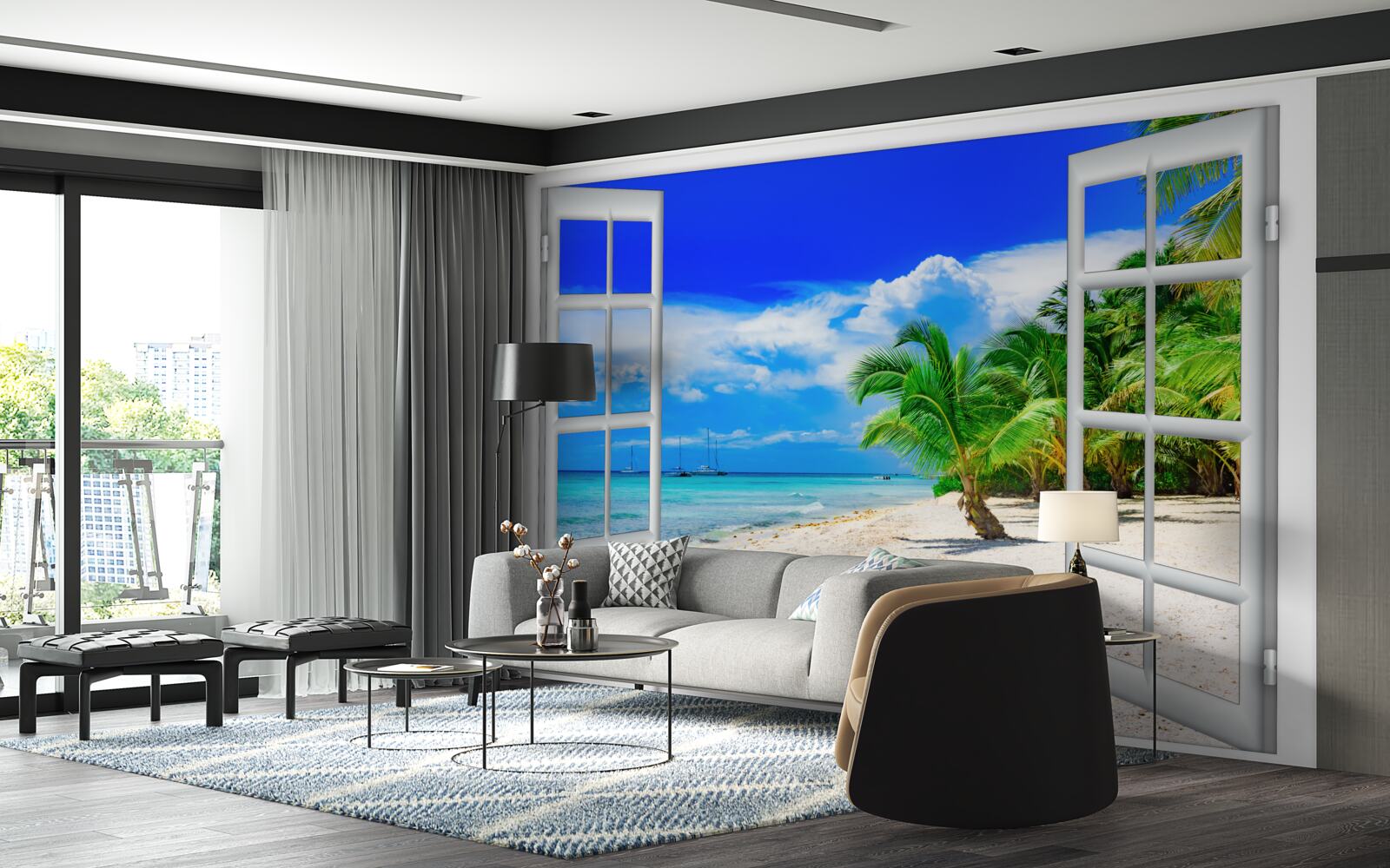 Fototapet fereastră cu vedere la țărmul nisipos