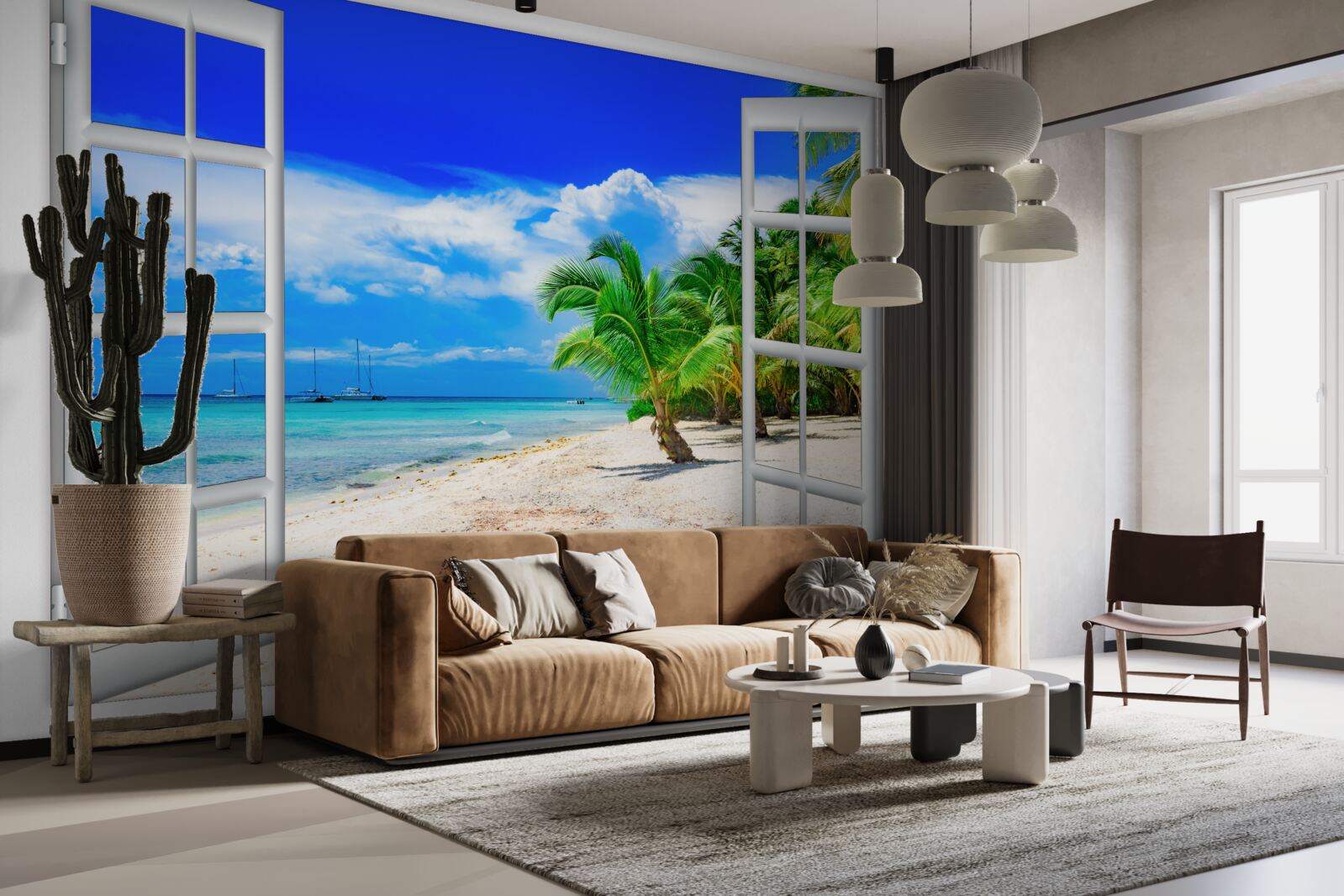 Fototapet fereastră cu vedere la țărmul nisipos