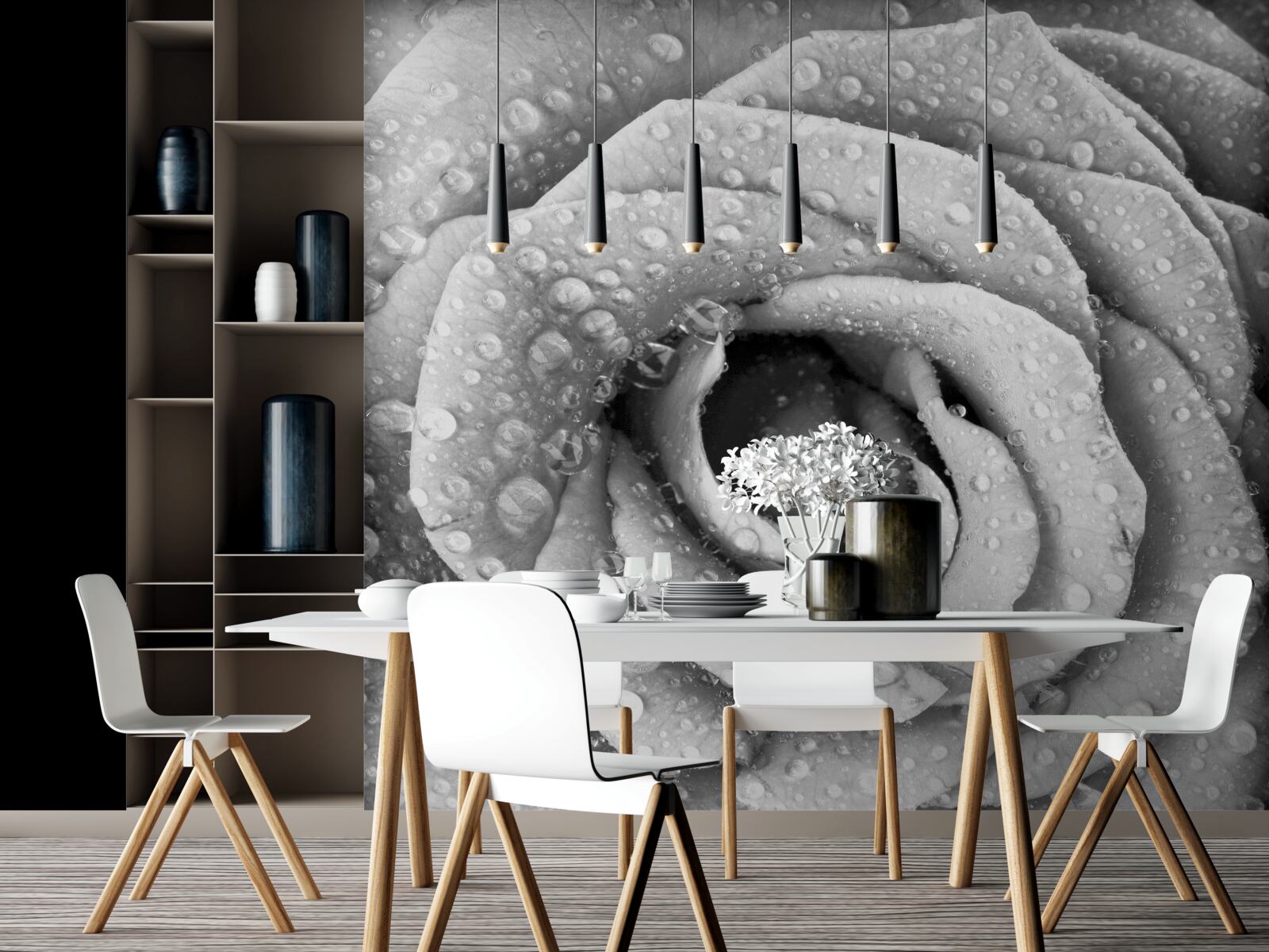 Fototapet trandafir în alb și negru cu picături