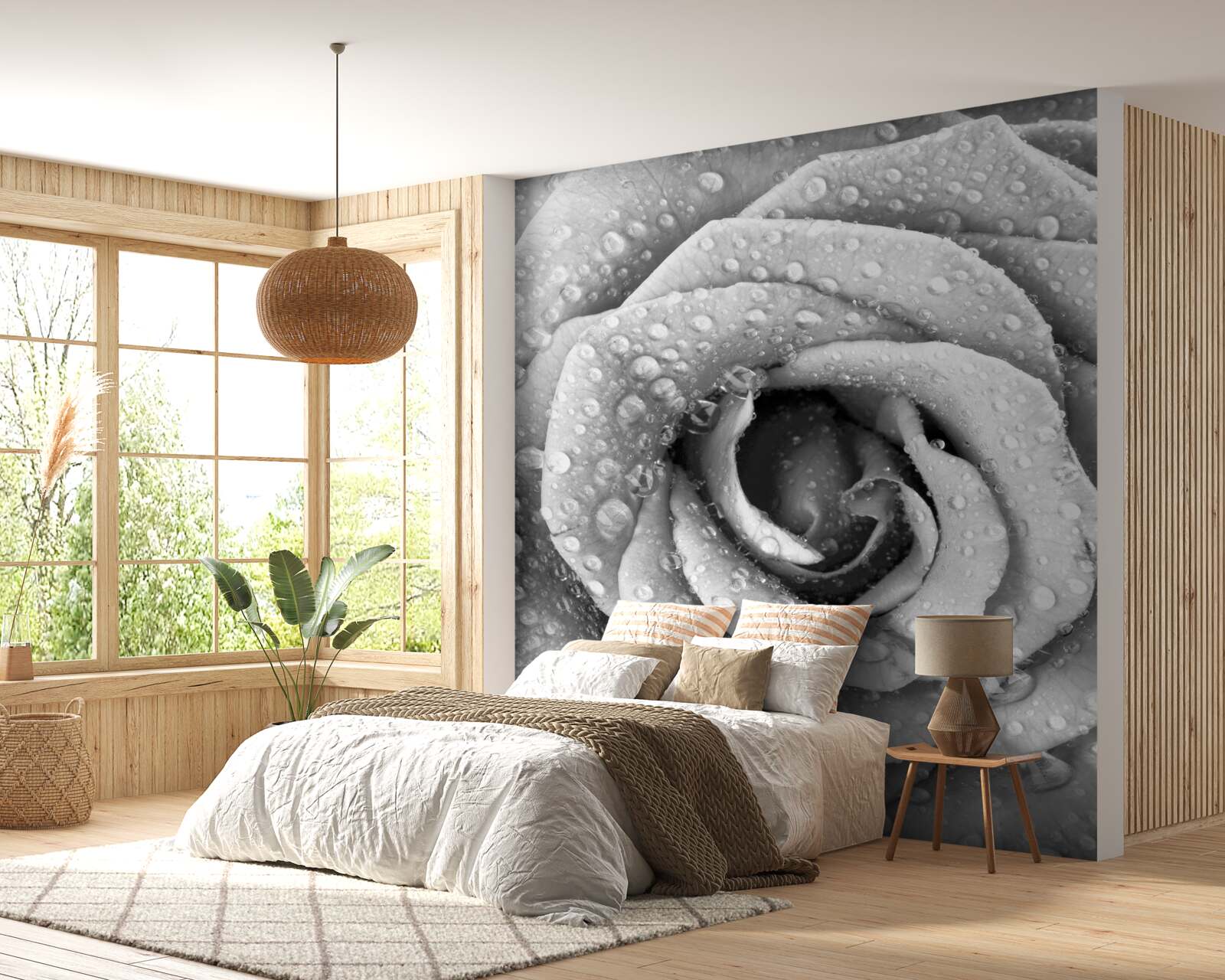 Fototapet trandafir în alb și negru cu picături