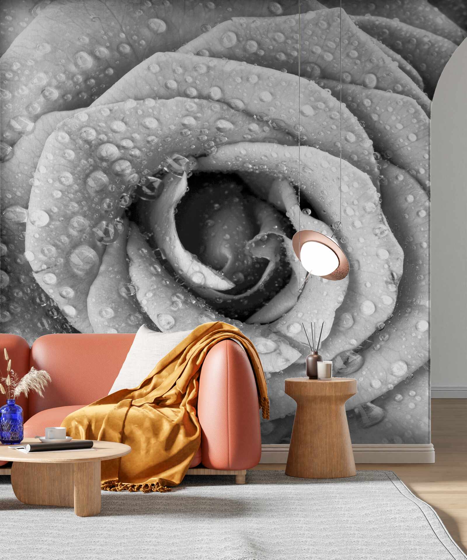 Fototapet trandafir în alb și negru cu picături