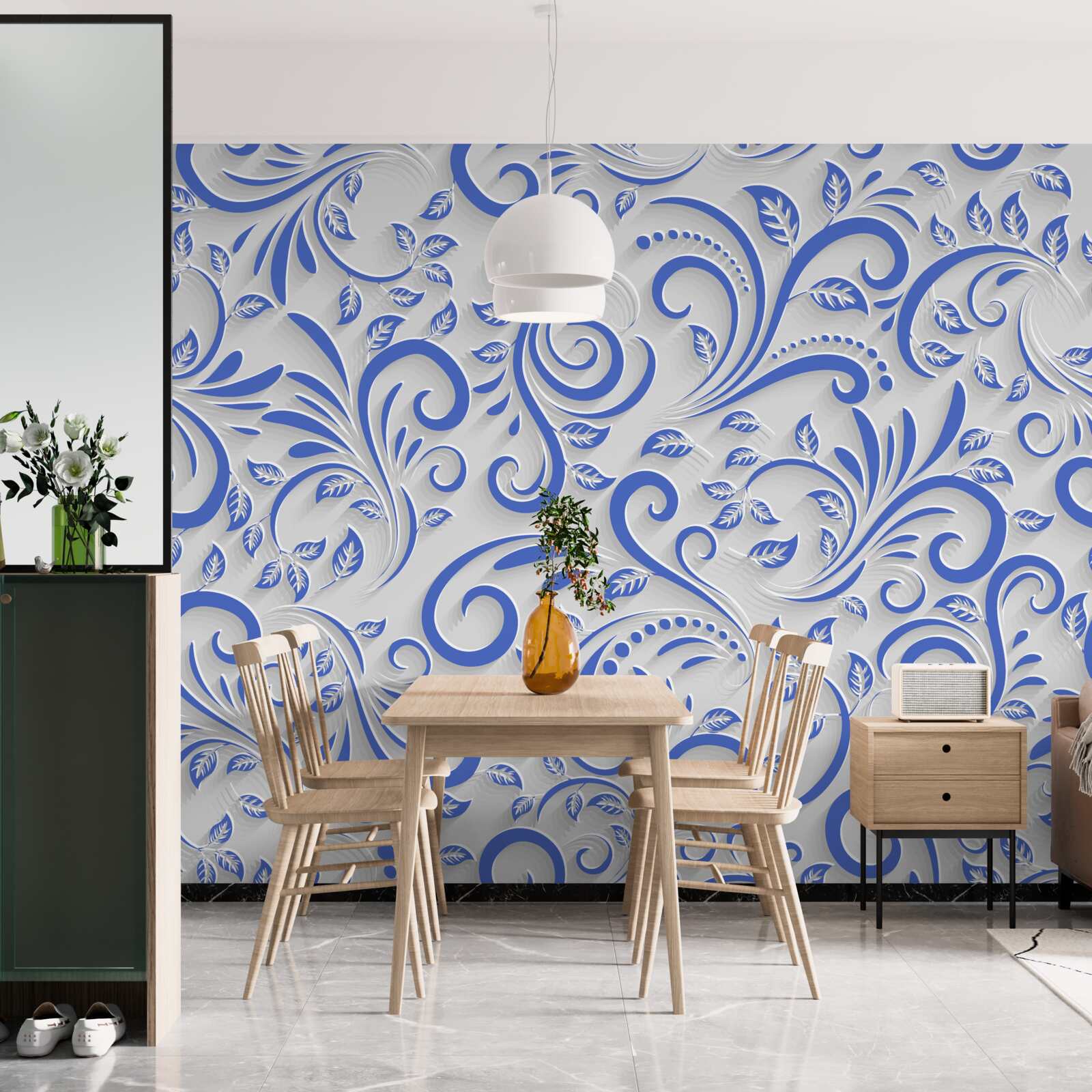 Fototapet fundal alb cu vârtejuri albastre