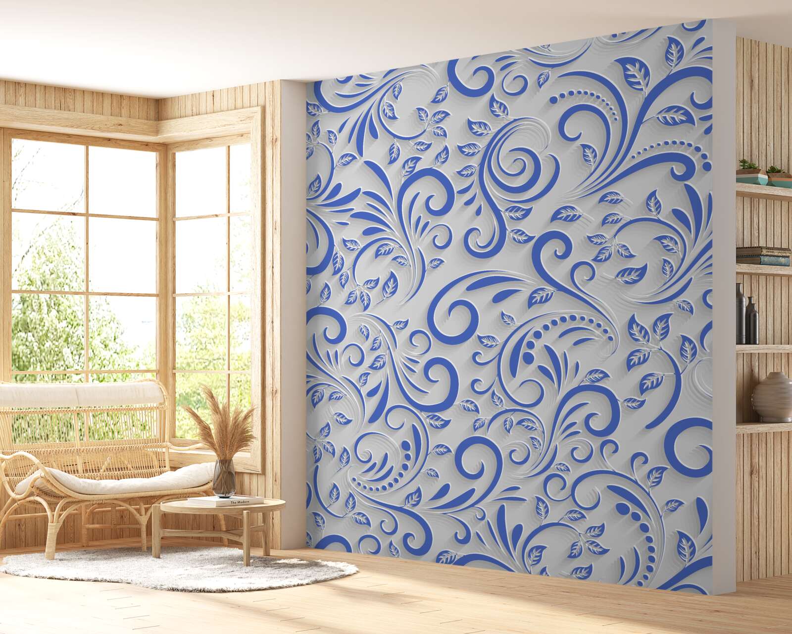 Fototapet fundal alb cu vârtejuri albastre