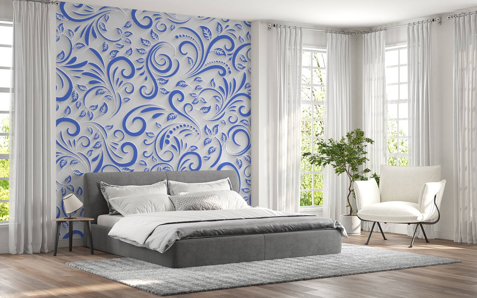 Fototapet fundal alb cu vârtejuri albastre