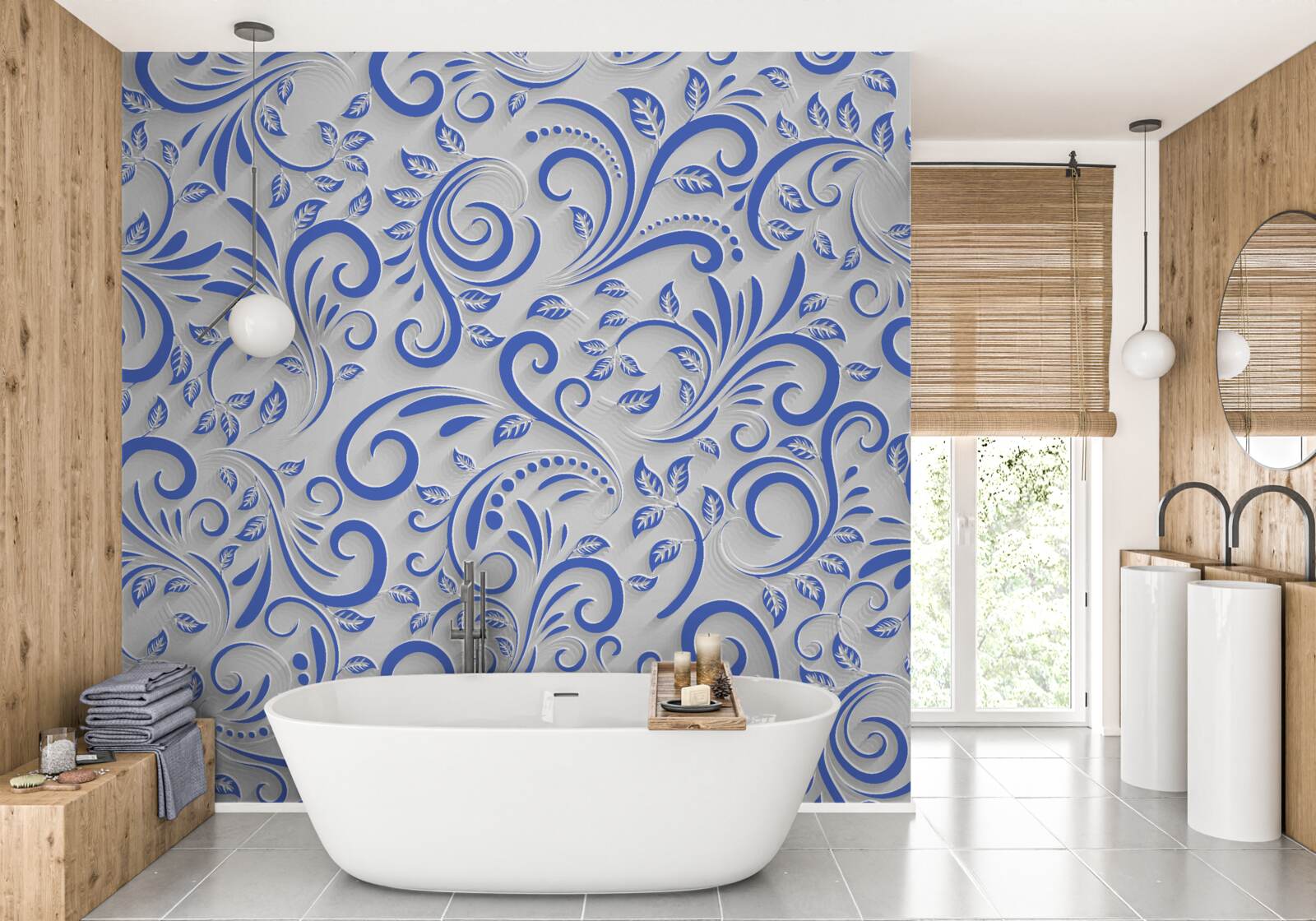 Fototapet fundal alb cu vârtejuri albastre