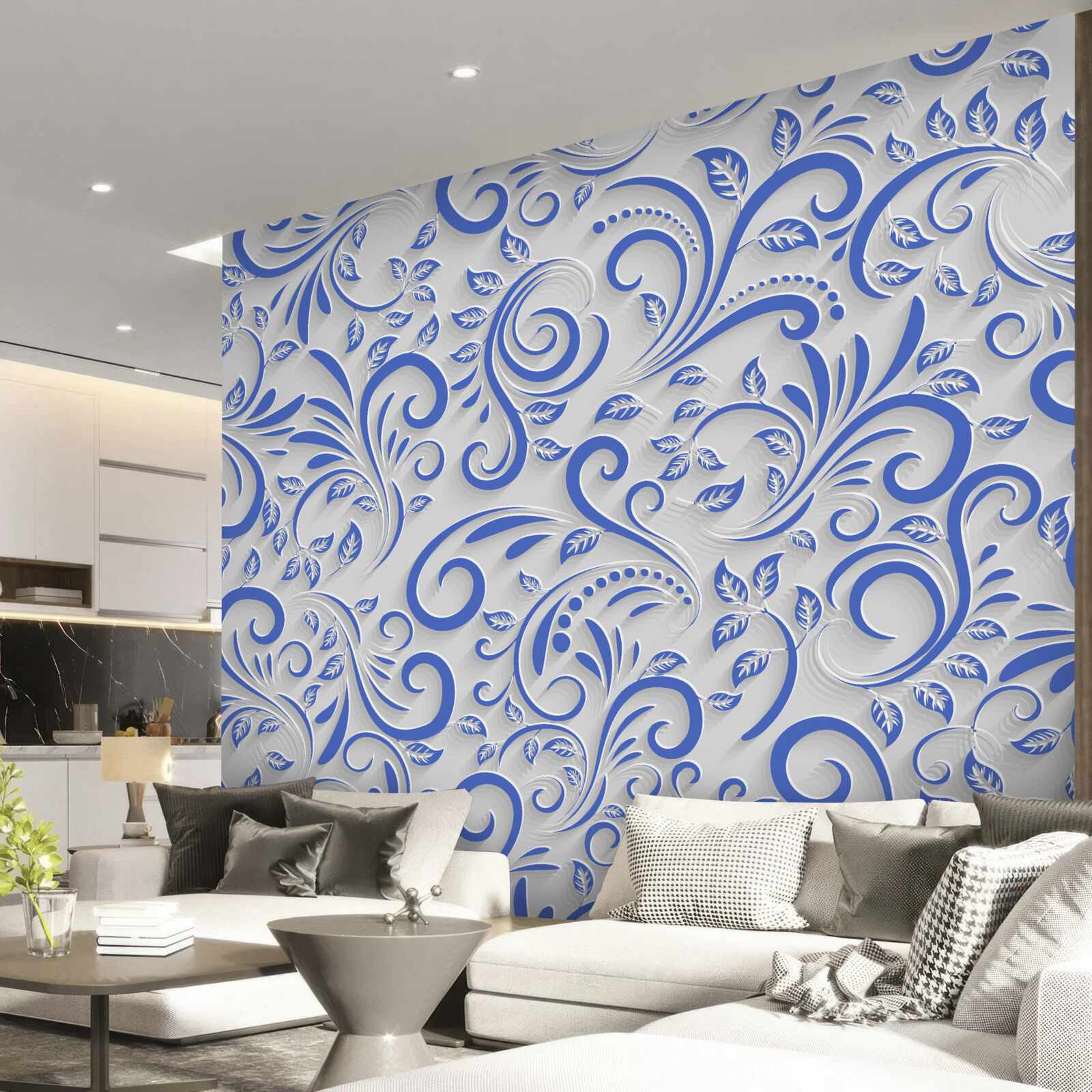 Fototapet fundal alb cu vârtejuri albastre